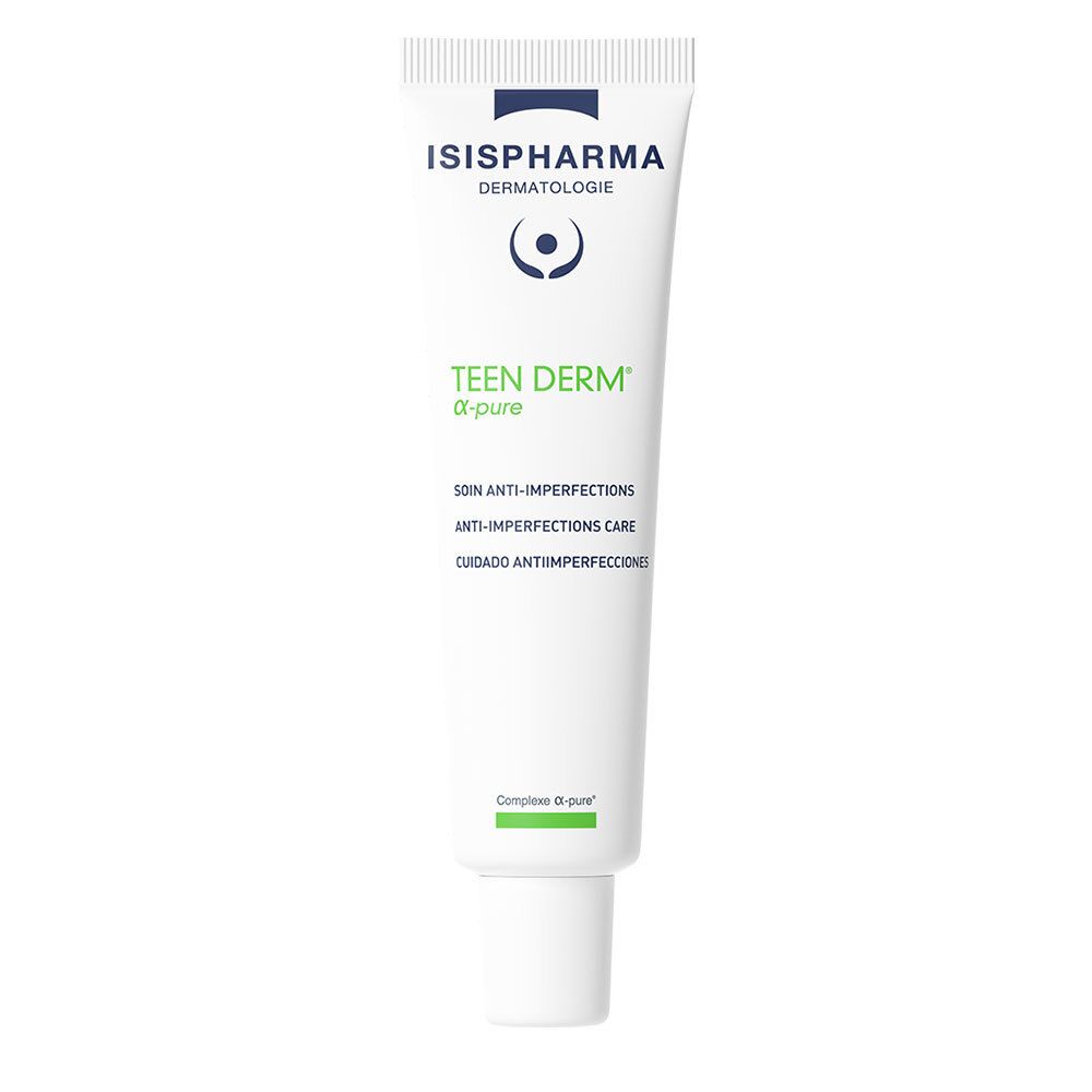 Witte tube met groene en blauwe opdruk. Opschrift: ISISPHARMA, Teen Derm α-pure. Anti-onzuiverheden verzorging.