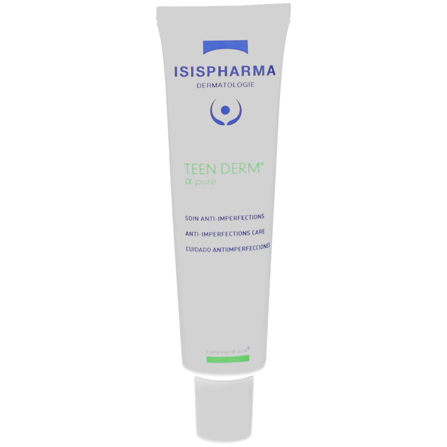 Witte tube met groene en blauwe opdruk. Opschrift: ISISPHARMA, Teen Derm α-pure. Anti-onzuiverheden verzorging.