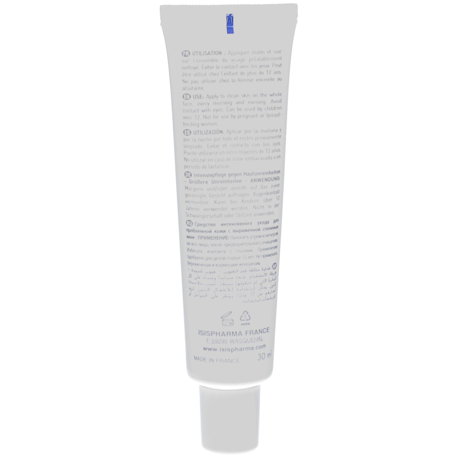 Achterkant van de witte tube. Meertalige tekst. Bevat informatie over gebruik en ingrediënten.