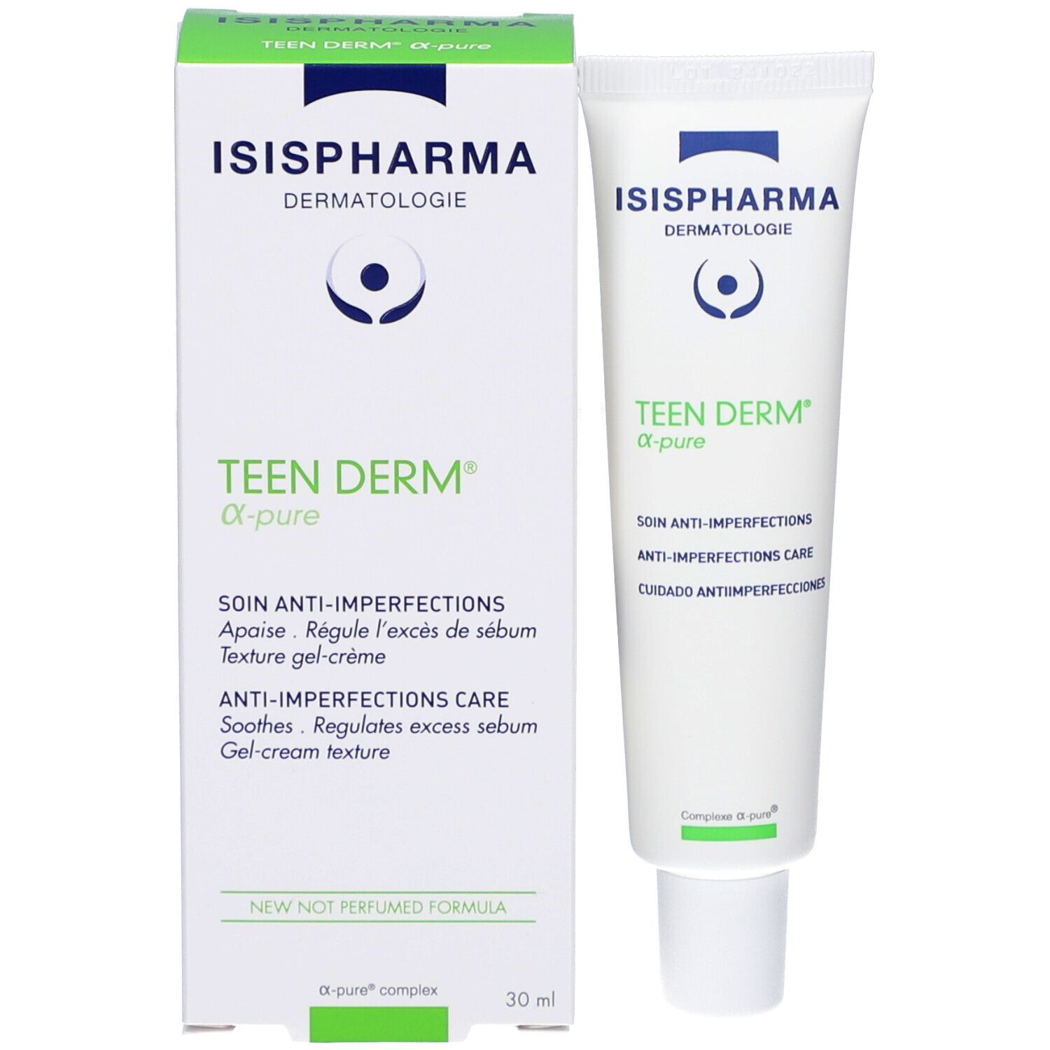 Verpakking en tube. Verpakking: wit, groen. Opschrift: ISISPHARMA, Teen Derm α-pure. Anti-onzuiverheden verzorging.