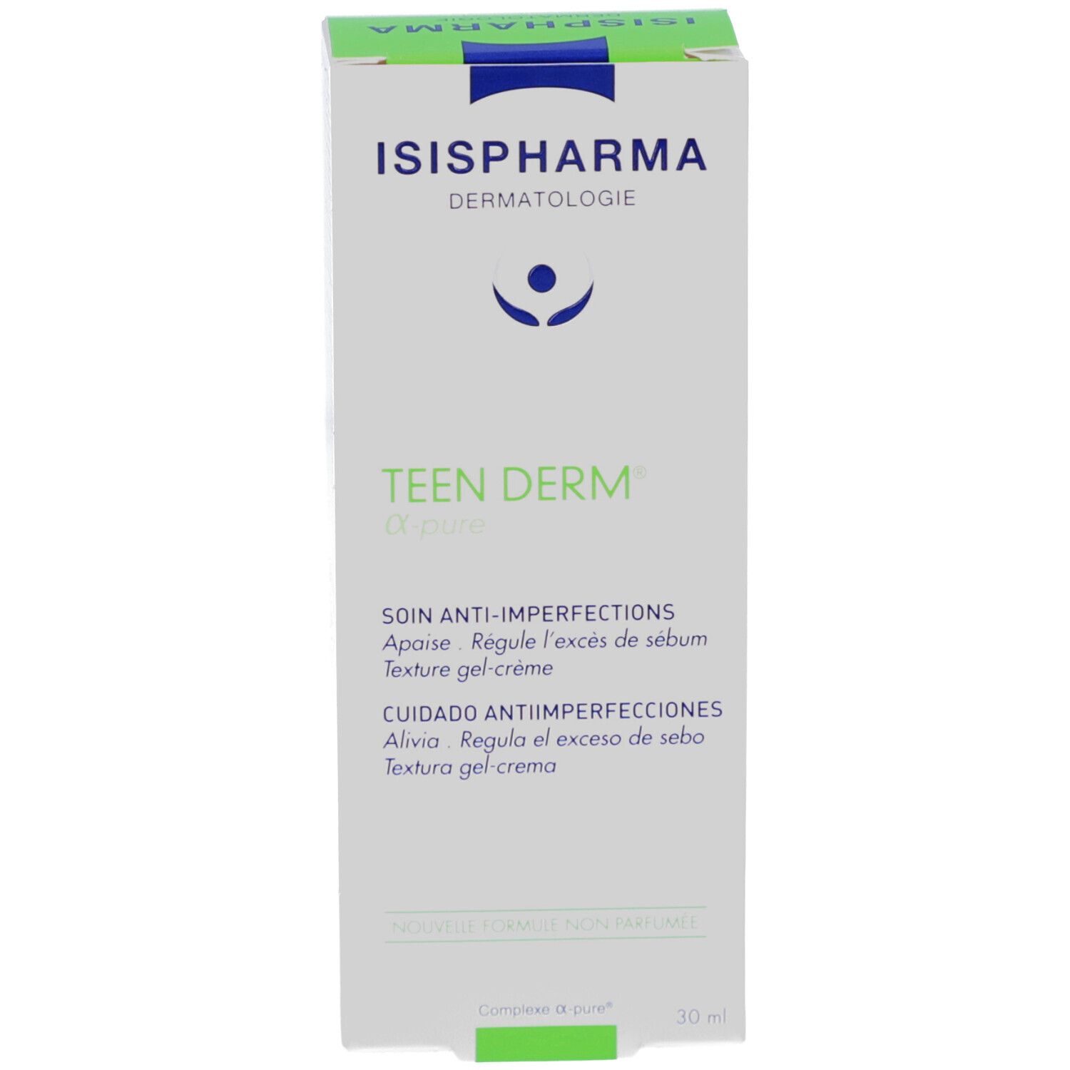 Productverpakking. Wit, groen. Opschrift: ISISPHARMA, Teen Derm α-pure. Anti-onzuiverheden verzorging. 30 ml.