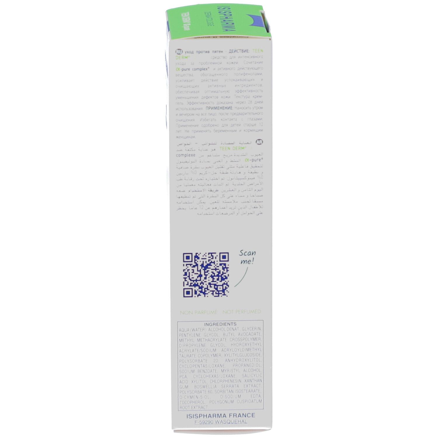 Productverpakking. Witte verpakking met groene en blauwe accenten. Opschrift: ISISPHARMA, Teen Derm α-pure.