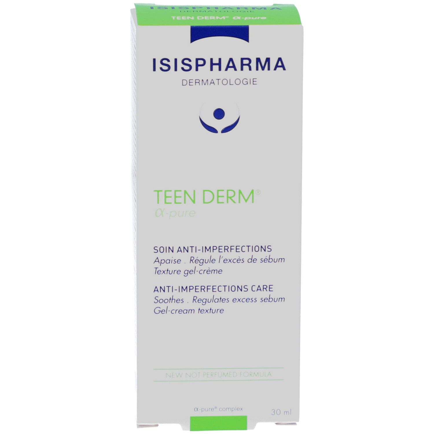 Productverpakking. Witte verpakking met groene en blauwe accenten. Opschrift: ISISPHARMA, Teen Derm α-pure.