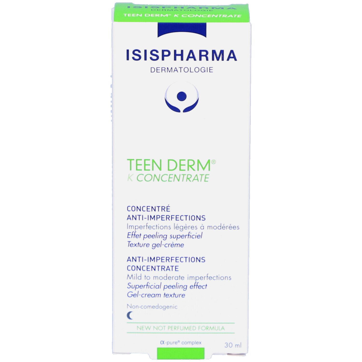 Emballage du produit. ISISPHARMA Teen Derm K Concentrate. Emballage vert et blanc. 30 ml.