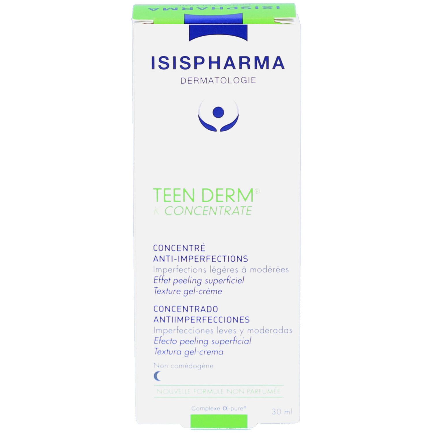 Emballage du produit. ISISPHARMA Teen Derm K Concentrate. Emballage vert et blanc. 30 ml.