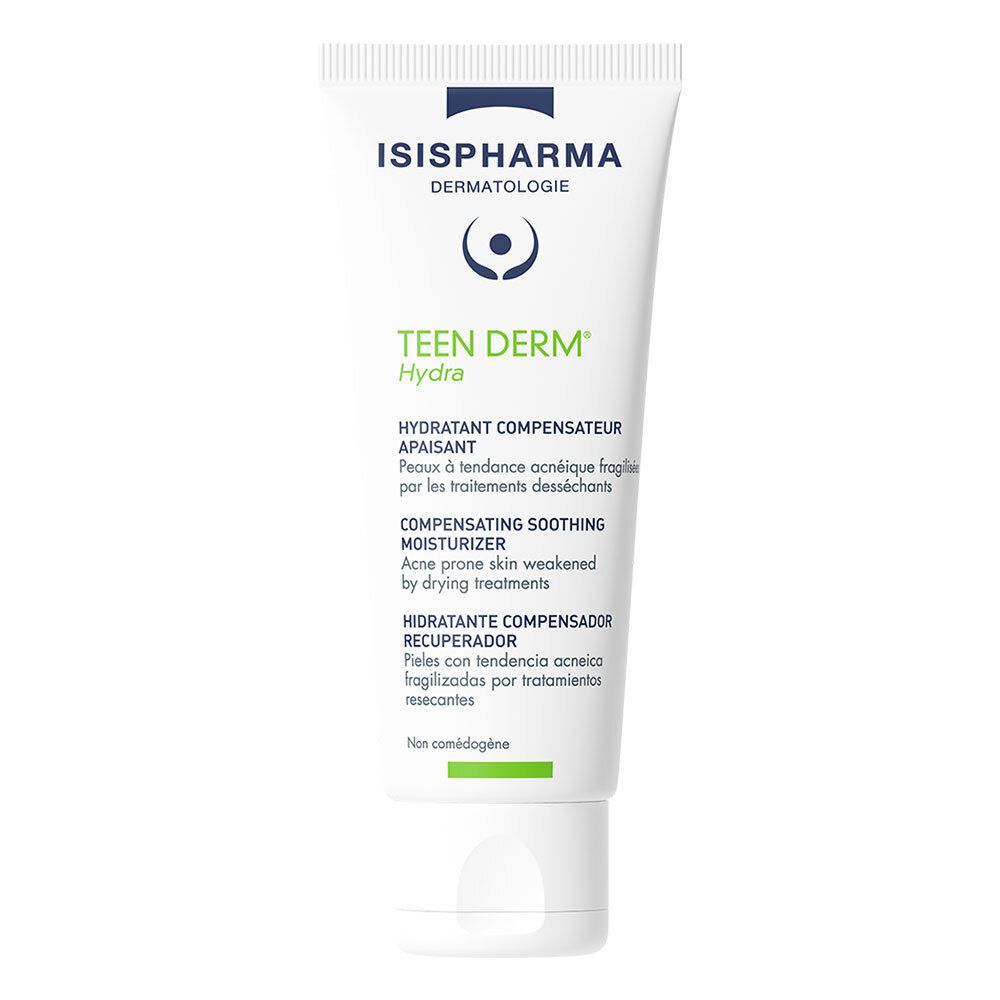 Witte tube met groene en blauwe opdruk. Bevat ISISPHARMA, Teen Derm Hydra. Tekst: Hydratant Compensateur Apaisant.