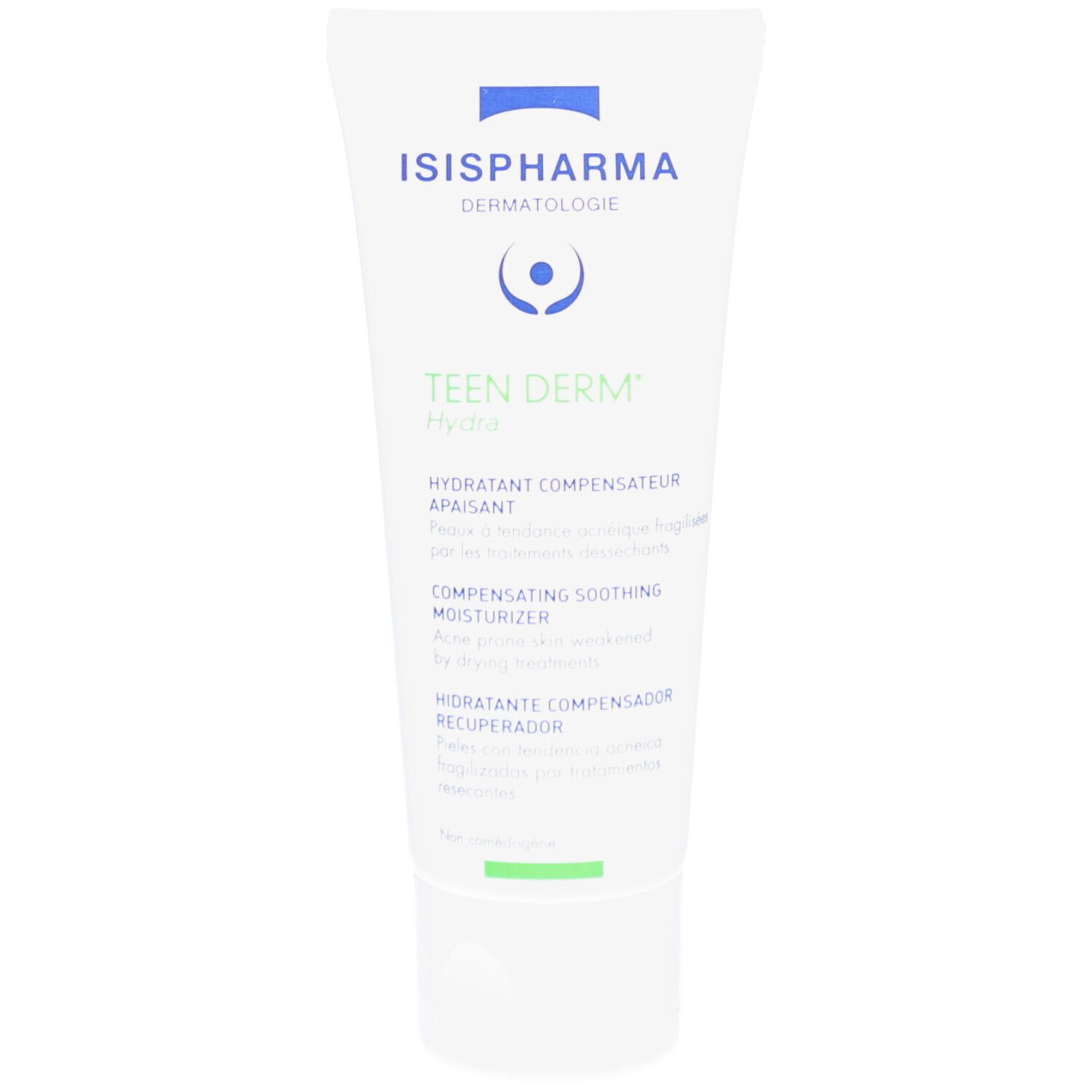 Witte tube met groene en blauwe opdruk. Bevat ISISPHARMA, Teen Derm Hydra. Tekst: Hydratant Compensateur Apaisant.