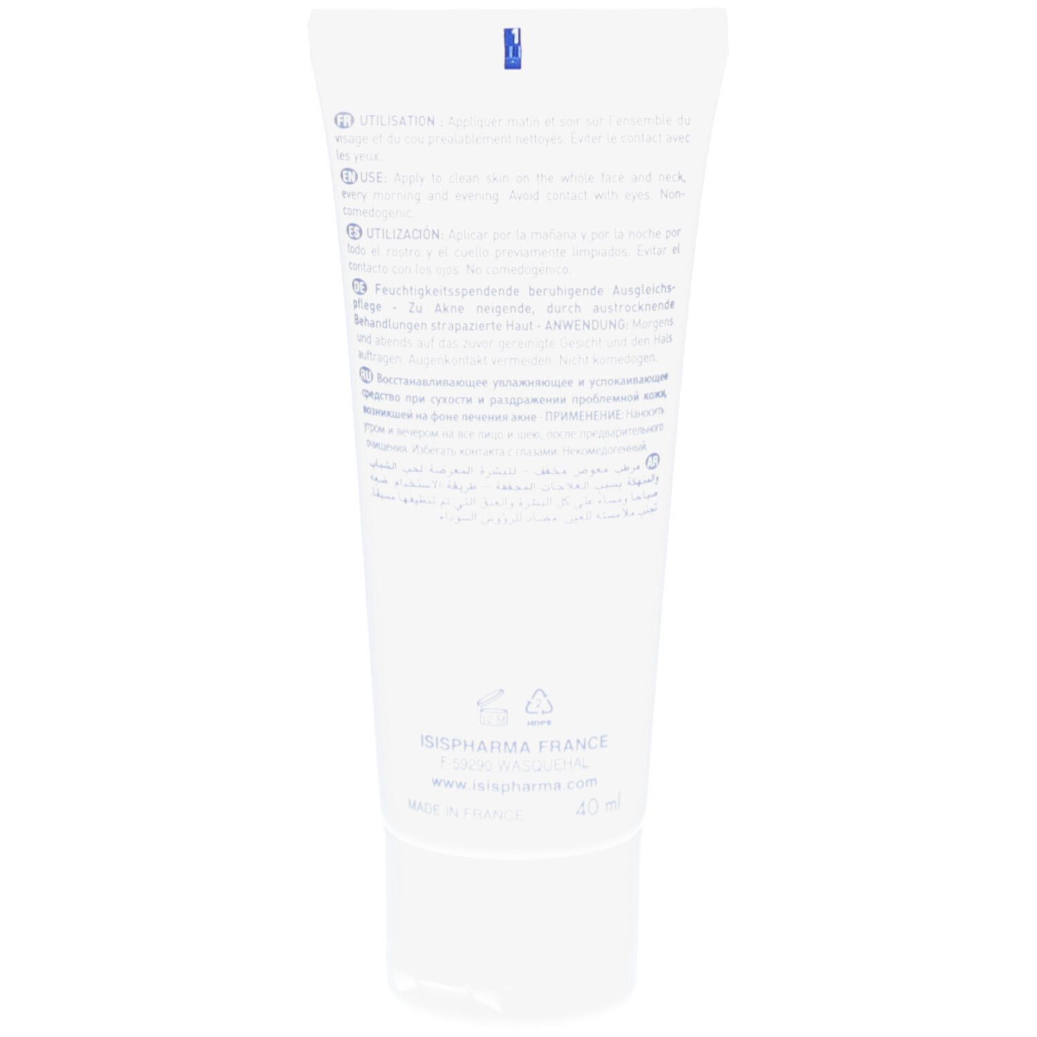 Achterkant van de witte tube. Meertalige tekst. ISISPHARMA France, 40 ml. Gemaakt in Frankrijk. Recyclingsymbolen.