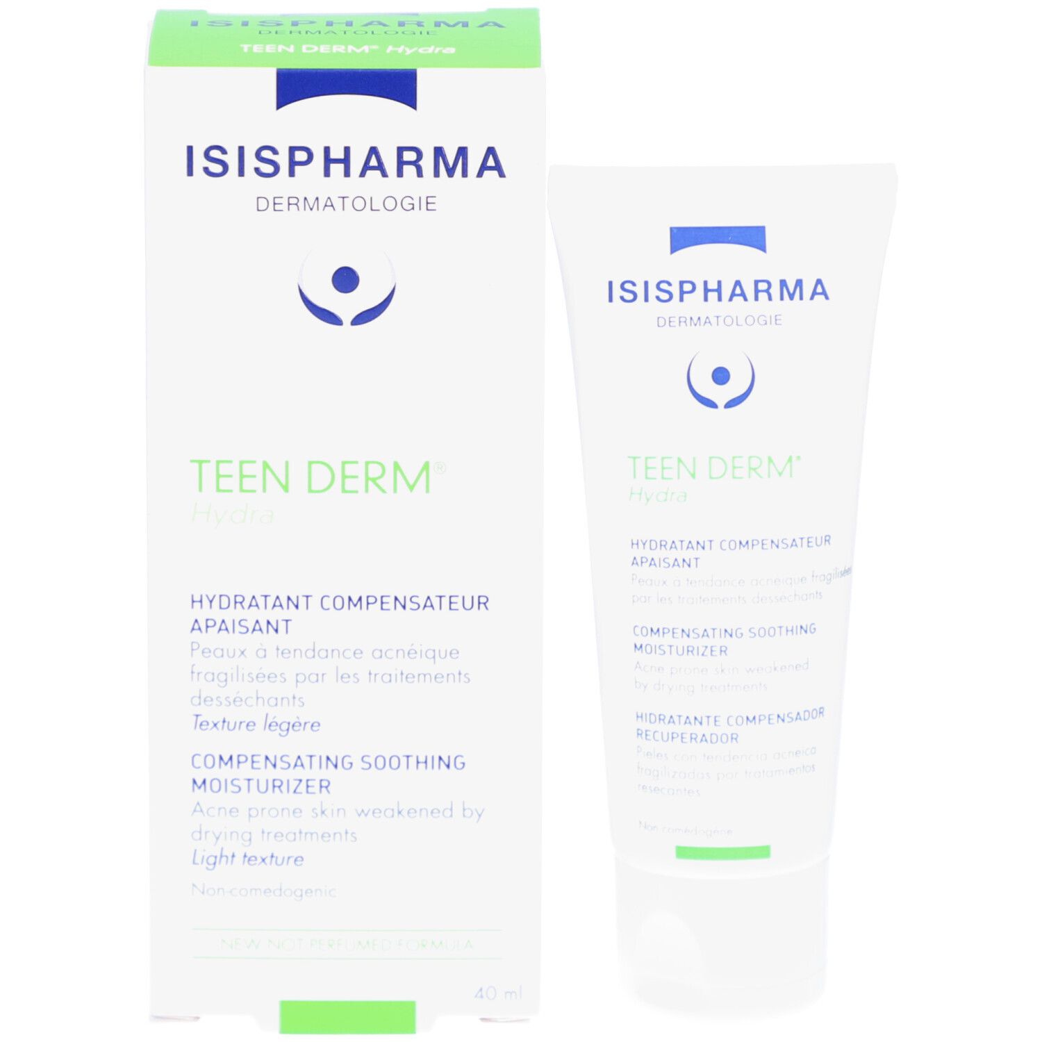 Witte doos en tube. Doos met ISISPHARMA, Teen Derm Hydra. Tekst: Hydratant Compensateur Apaisant. 40 ml.