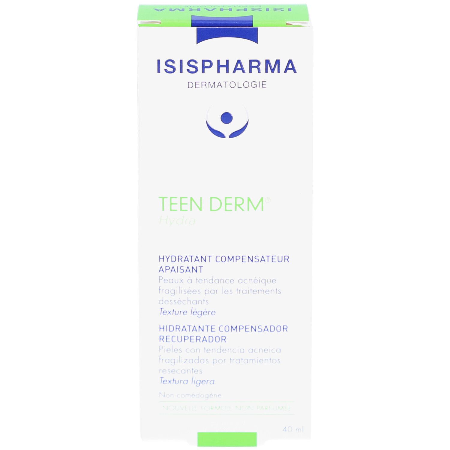 Witte doos met groene en blauwe opdruk. Bevat ISISPHARMA, Teen Derm Hydra. Tekst: Hydratant Compensateur Apaisant.