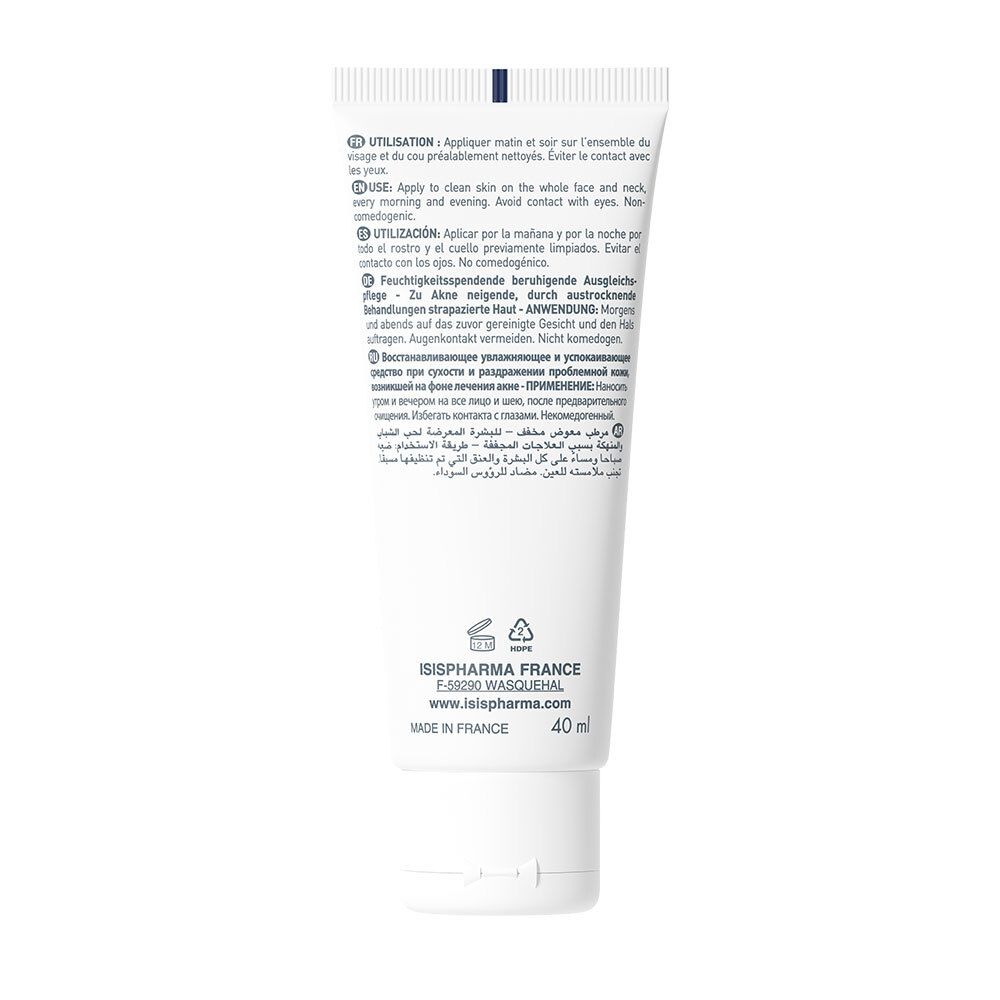 Achterkant van de witte tube. Meertalige tekst. ISISPHARMA France, 40 ml. Gemaakt in Frankrijk. Recyclingsymbolen.