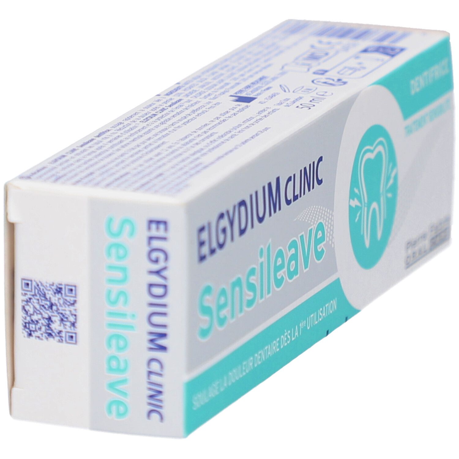 Tandpasta verpakking, schuin. Merk: Elgydium Clinic Sensileave. QR-code op de zijkant. Tand symbool.