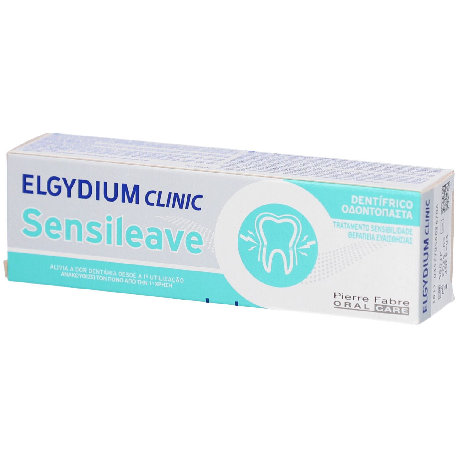 Tandpasta verpakking. Merk: Elgydium Clinic Sensileave. Tekst: Verlicht tandpijn vanaf het eerste gebruik. Tand symbool.