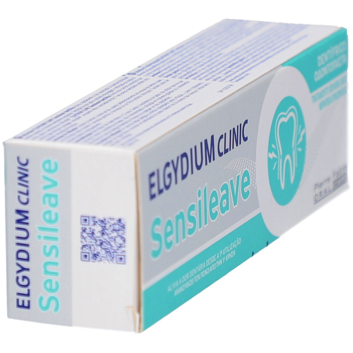 Tandpasta verpakking, schuin. Merk: Elgydium Clinic Sensileave. QR-code op de zijkant. Tand symbool.