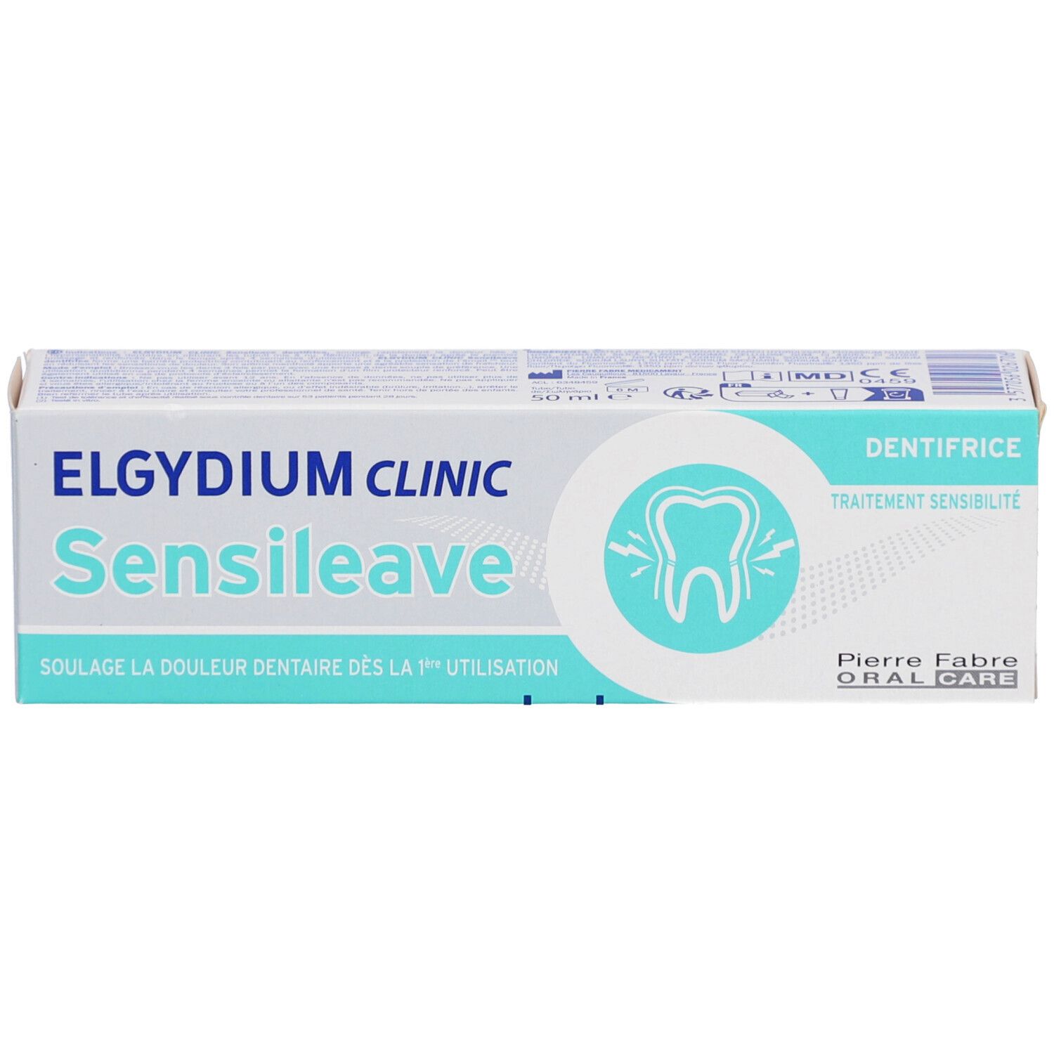Tandpasta verpakking. Merk: Elgydium Clinic Sensileave. Tekst: Verlicht tandpijn vanaf het eerste gebruik. Tand symbool.