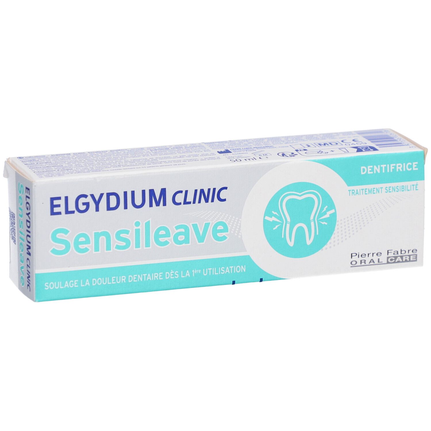 Tandpasta verpakking, schuin. Merk: Elgydium Clinic Sensileave. Tand symbool.