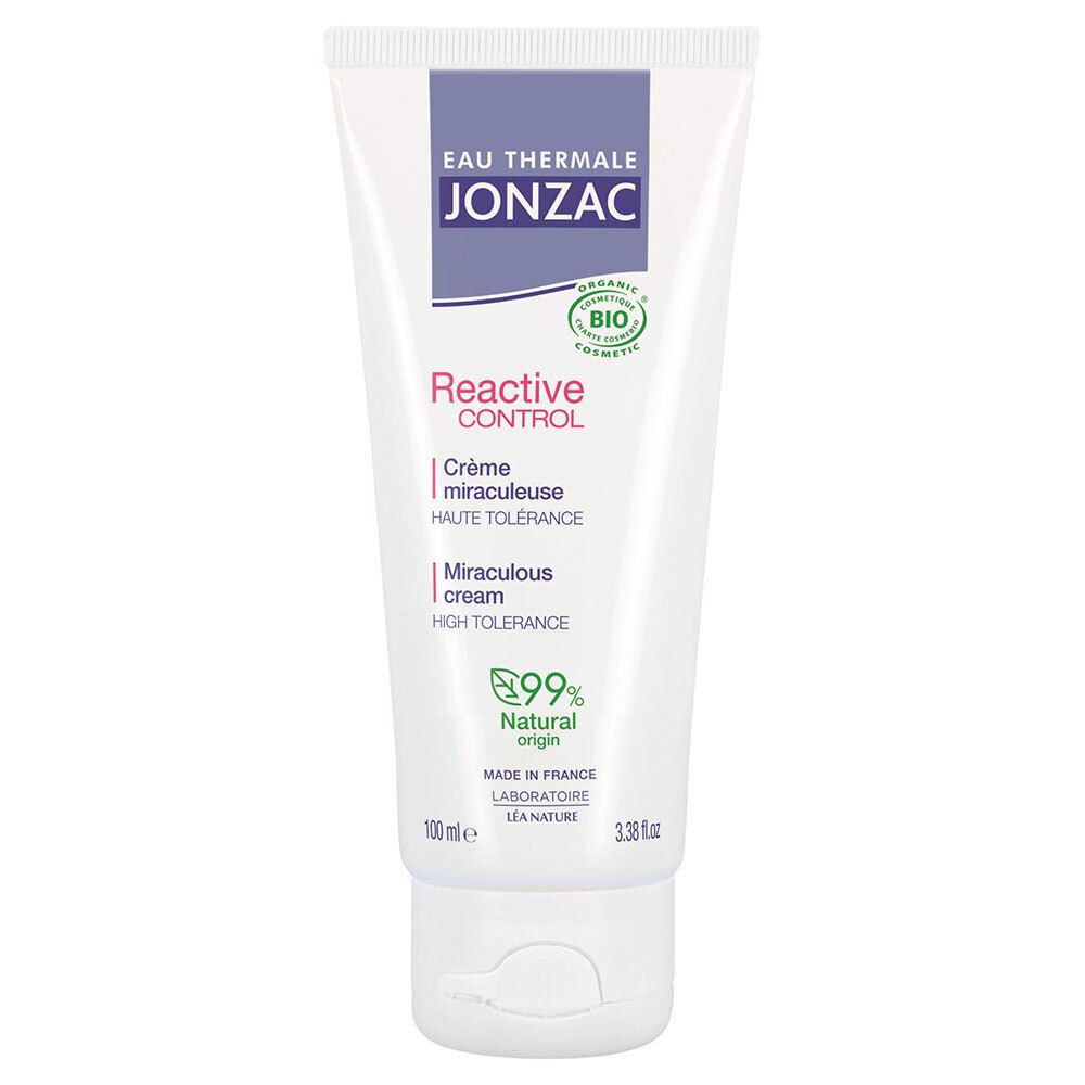 Tube blanc. Inscriptions: Jonzac, Reactive Control, Crème miraculeuse, Miraculous cream. Certification Bio. 99% d'origine naturelle.