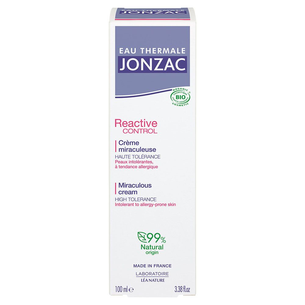 Boîte. Inscriptions: Jonzac, Reactive Control, Crème miraculeuse, Miraculous cream. Peaux intolérantes. Certification Bio. 99% naturel.