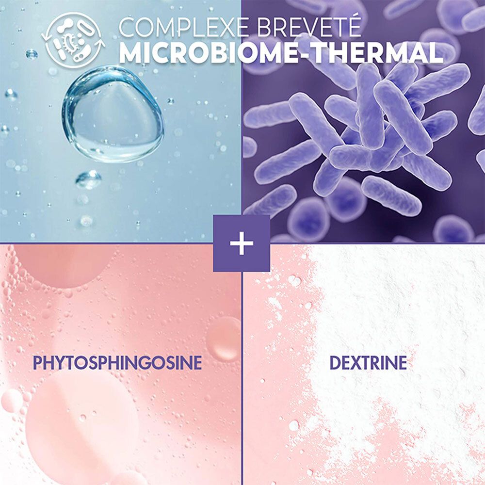 Image de quatre éléments: bulle d'eau, bactéries, liquide rose et substance blanche. Texte: Complexe Microbiome-Thermal.