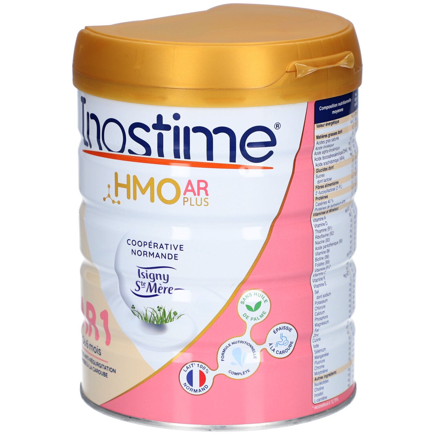 Boîte de lait infantile Inostime AR1, 0-6 mois. Couvercle doré, design rose et blanc. Inscription : HMO AR PLUS, Lait 100% Normand.