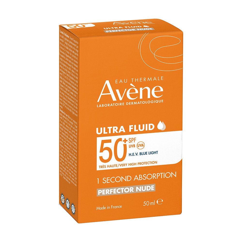 Oranje doos. Tekst: Avène, 50+ SPF, Ultra Fluid, Perfecteur. 50ml. 1 seconde absorptie.