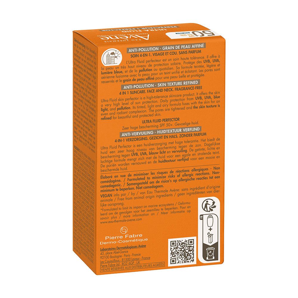 Achterkant van de oranje doos. Tekst: Anti-vervuiling, huidtextuur verfijnd. Ingrediënten, QR-code.
