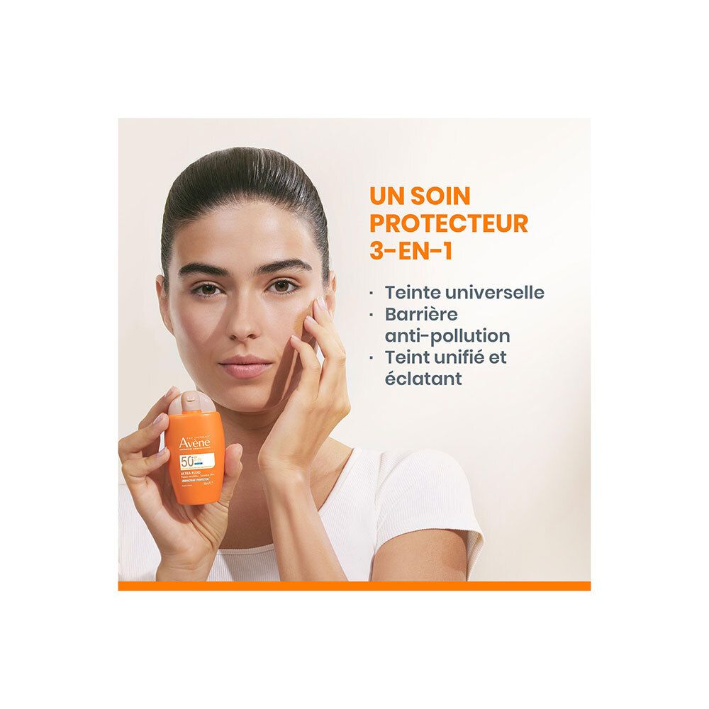 Vrouw houdt fles vast. Tekst: 3-in-1 bescherming, universele tint, anti-vervuiling, egaliseert en straalt.