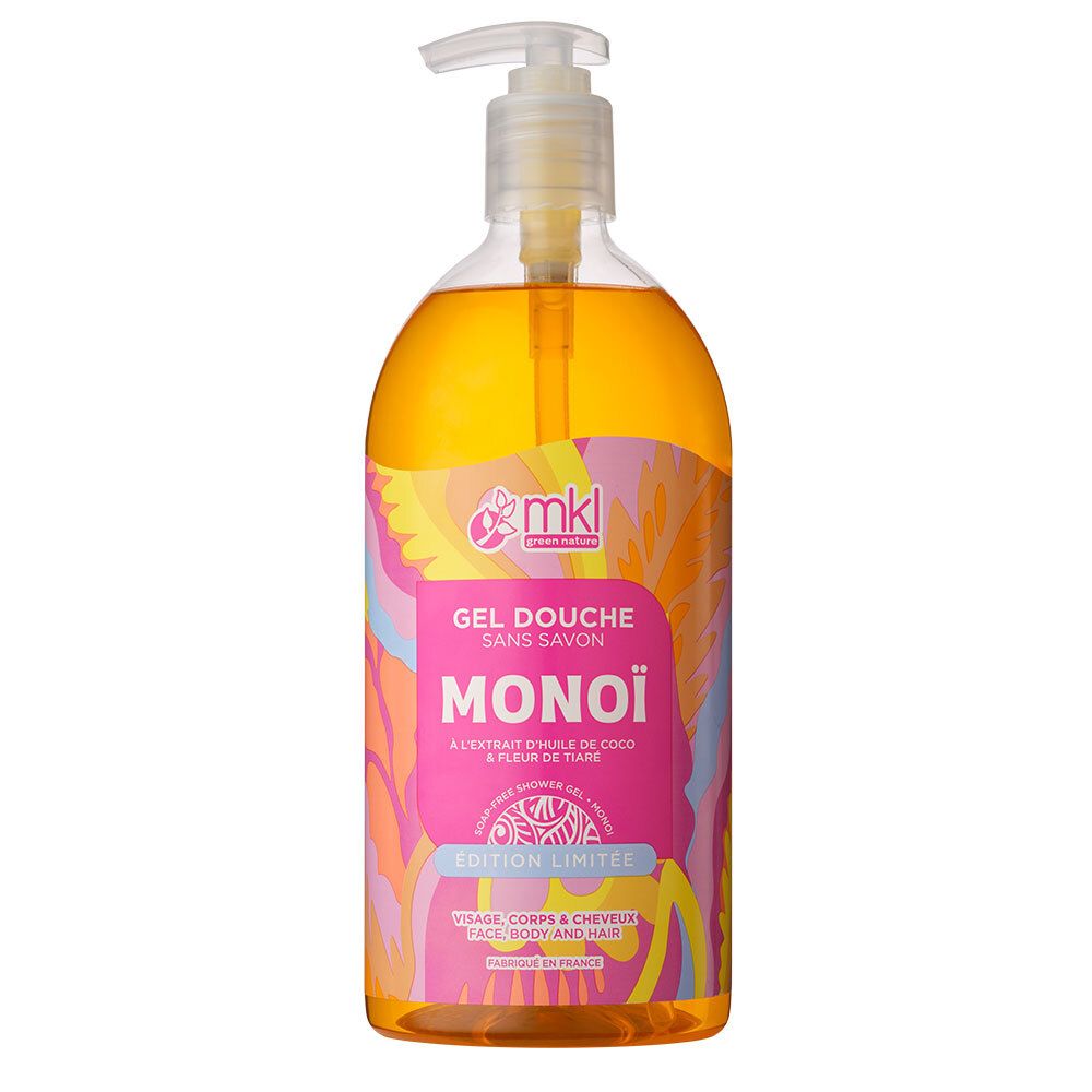 Flacon transparent de gel douche jaune. Étiquette rose avec texte: Monoï, Édition Limitée. Avec pompe.