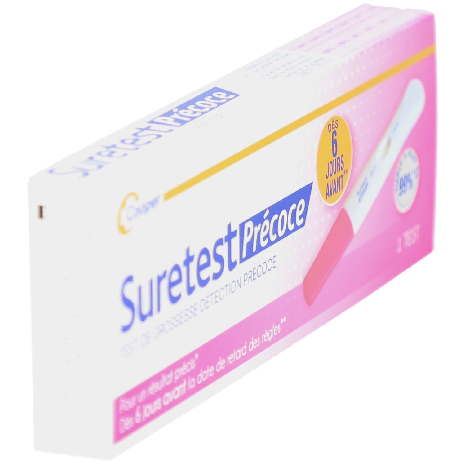 Suretest Précoce verpakking, schuin. Wit, roze en geel. Bevat een zwangerschapstest.