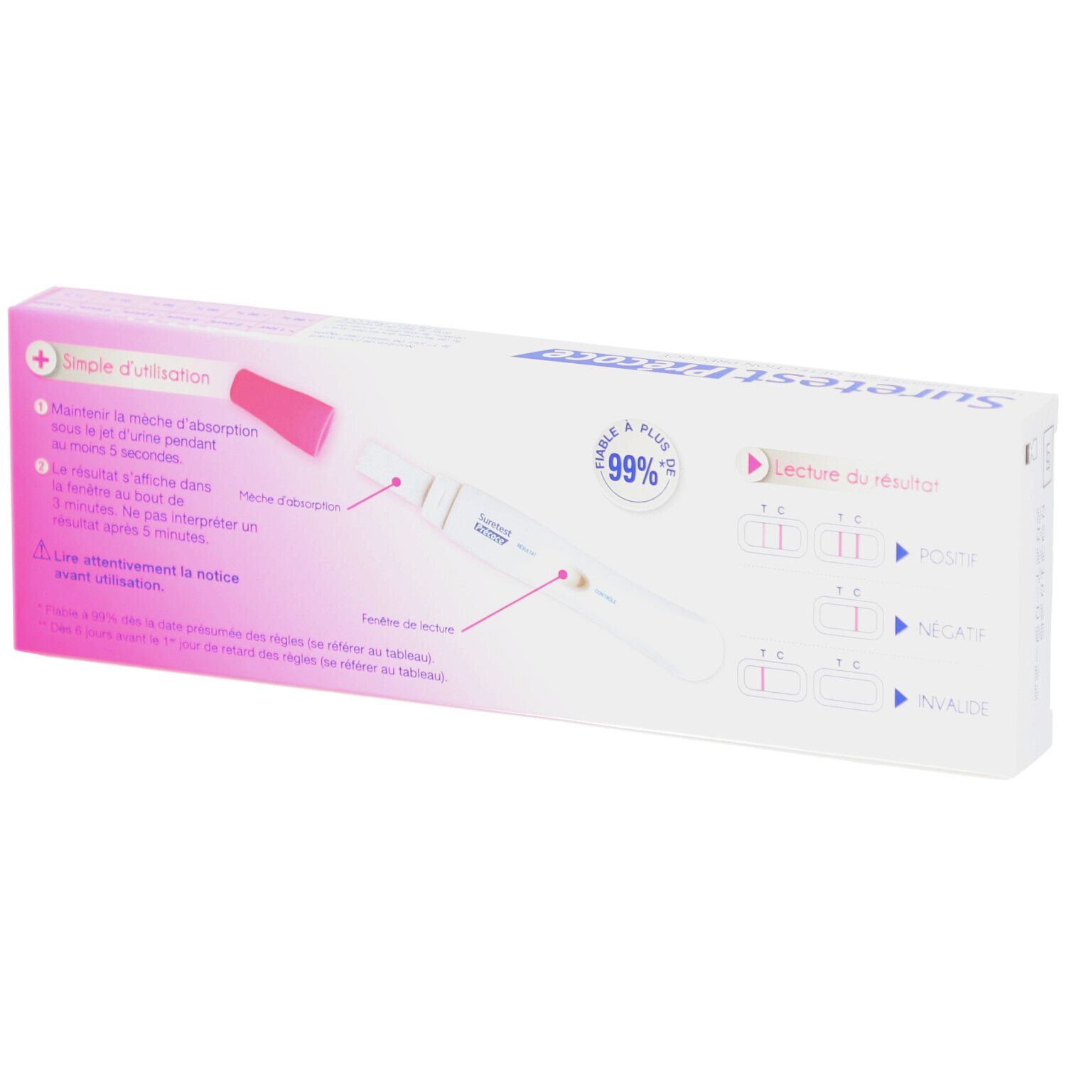 Achterkant van de Suretest Précoce verpakking. Instructies en resultaten. Wit en roze.