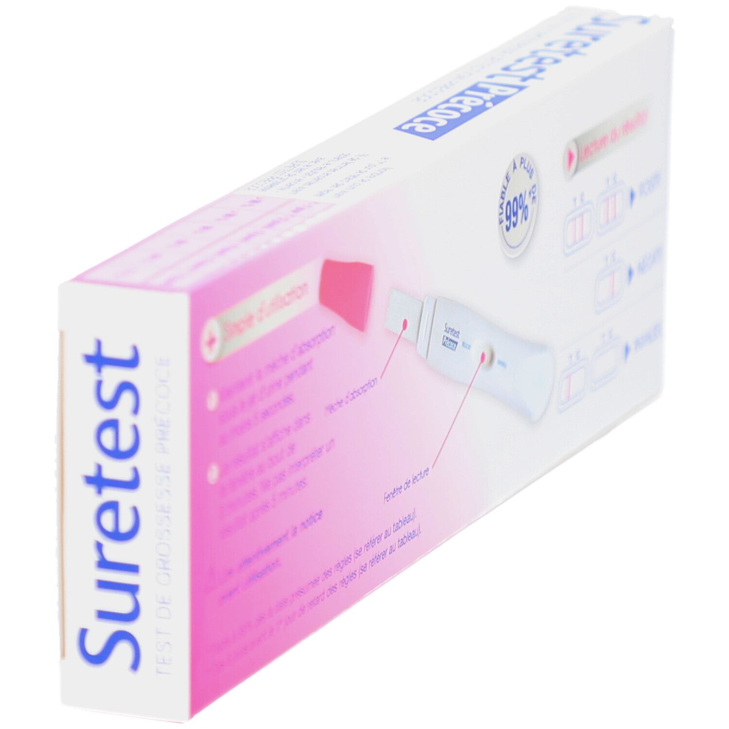Suretest Précoce verpakking schuin, achterkant met instructies. Wit en roze.