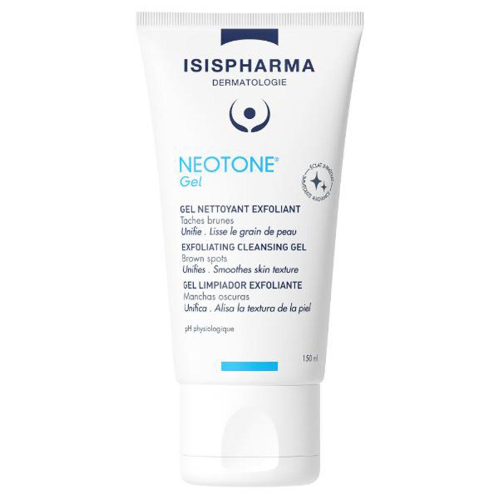 Witte tube met blauwe tekst. ISISPHARMA en NEOTONE Gel. Exfoliërende reinigingsgel. 150ml.