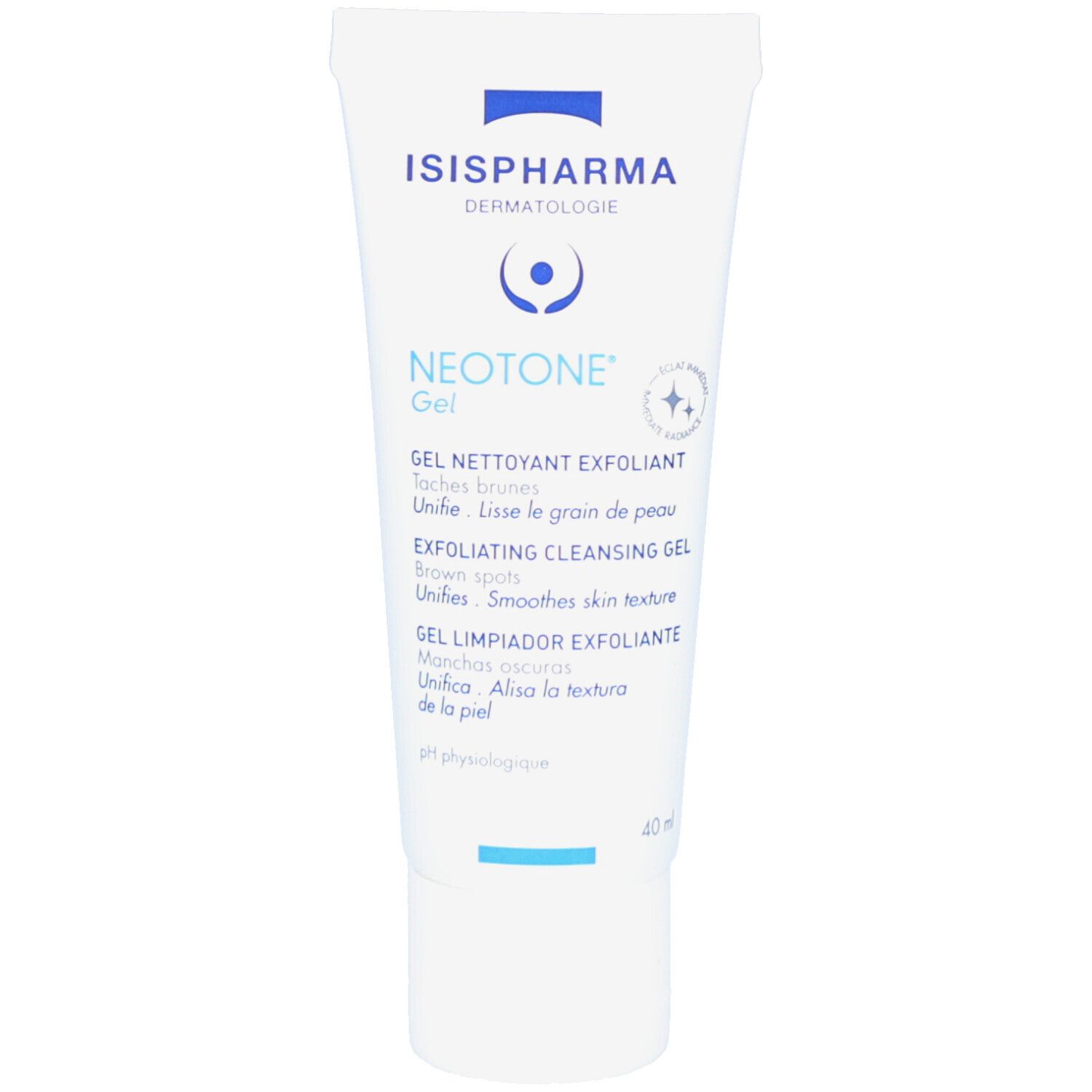 Witte tube met blauwe tekst. ISISPHARMA en NEOTONE Gel. Exfoliërende reinigingsgel. 40ml.