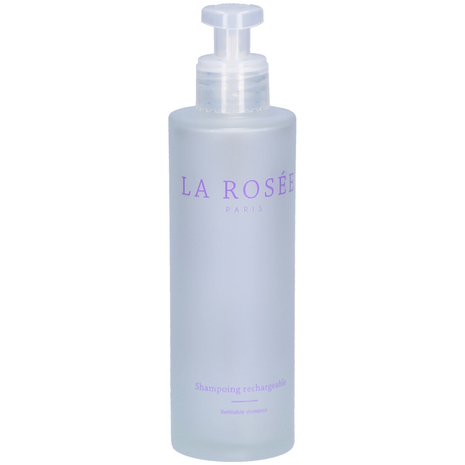 Flacon de shampoing en verre avec pompe. Inscription: LA ROSÉE PARIS. Texte: Shampoing rechargeable.