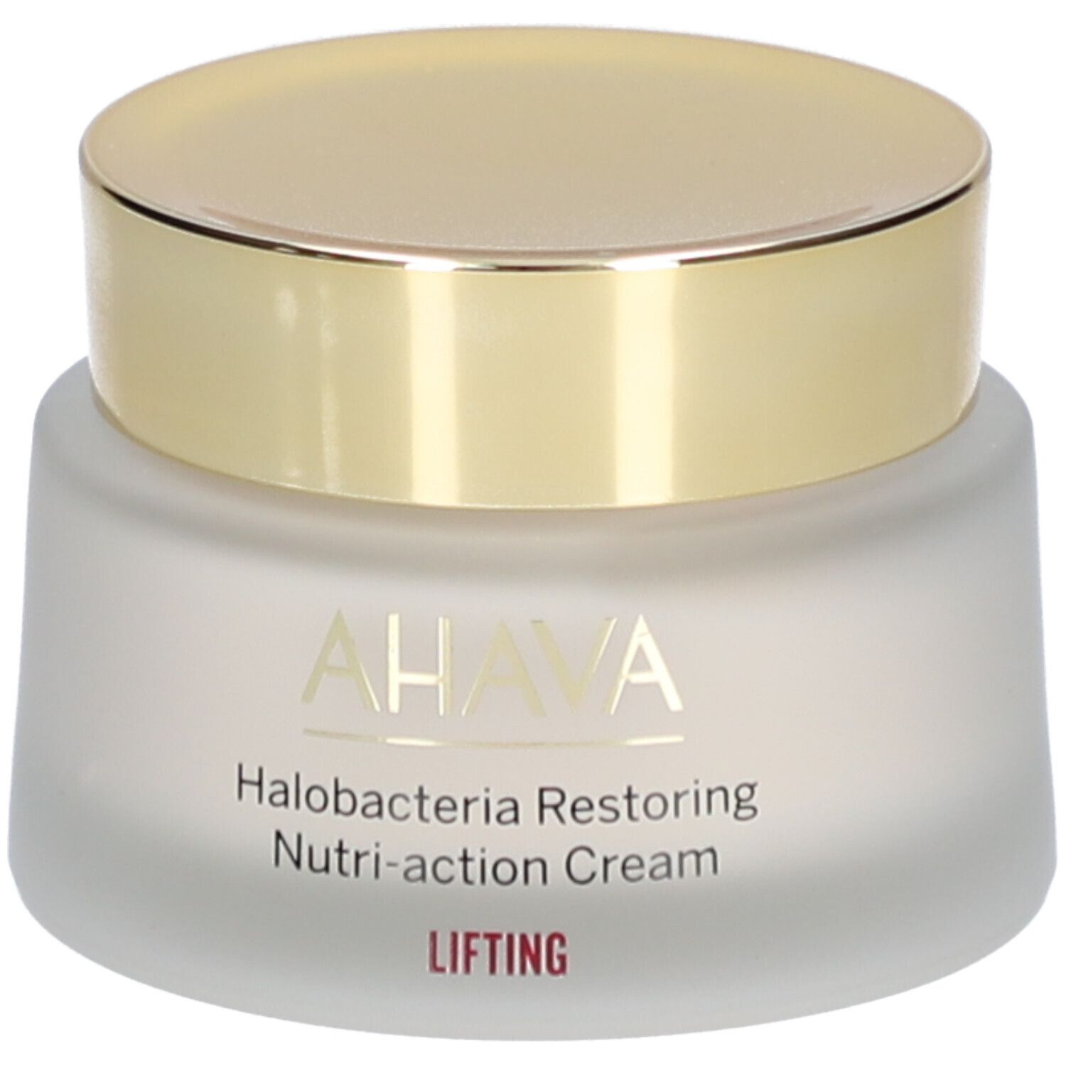 AHAVA crèmepot met gouden deksel. Opschrift: Halobacteria Restoring Nutri-action Cream, LIFTING.