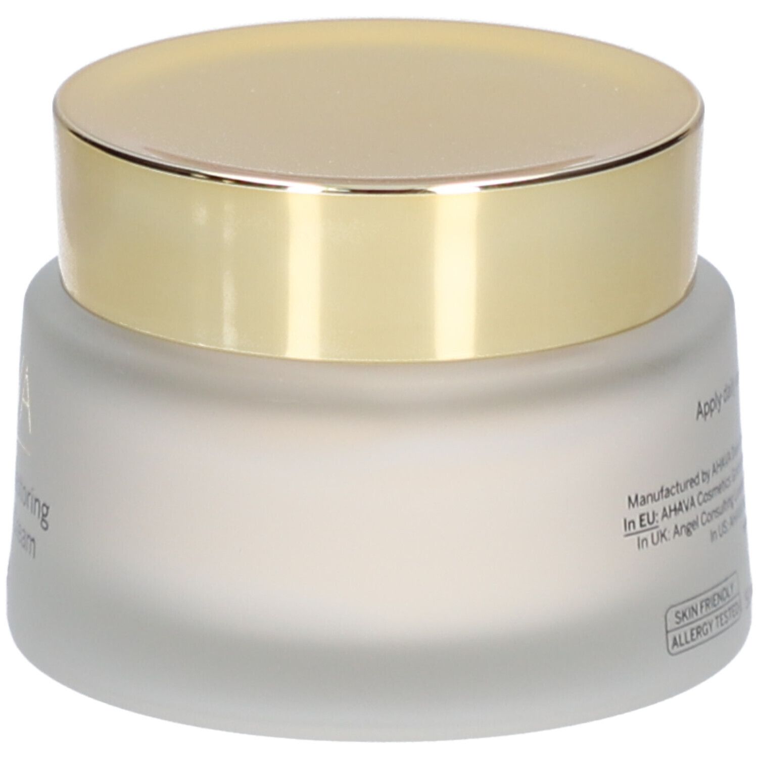 AHAVA crèmepot, gouden deksel. Opschrift: Halobacteria Nutri-action Cream. Tekst op achterkant.