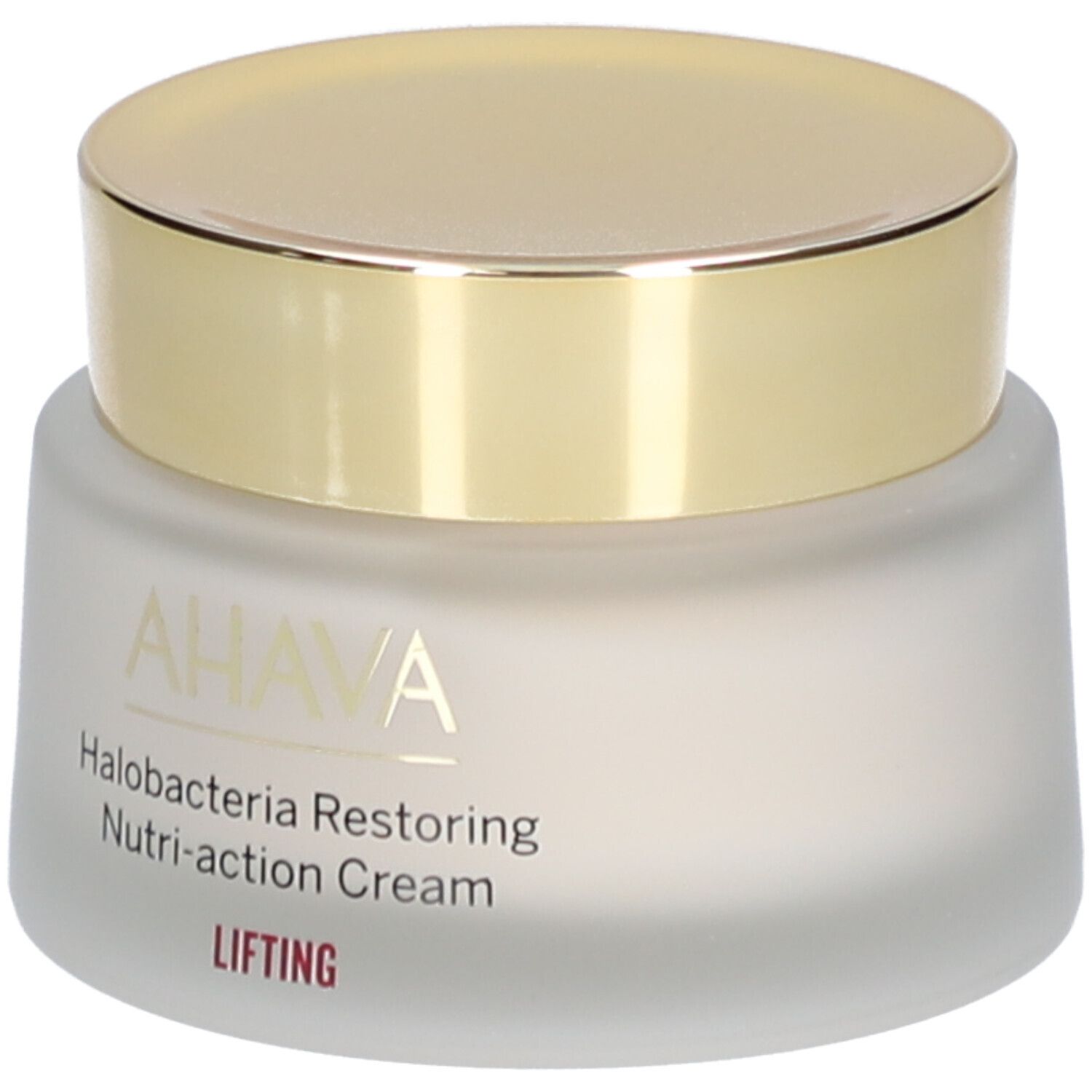 AHAVA crèmepot met gouden deksel. Opschrift: Halobacteria Restoring Nutri-action Cream, LIFTING.