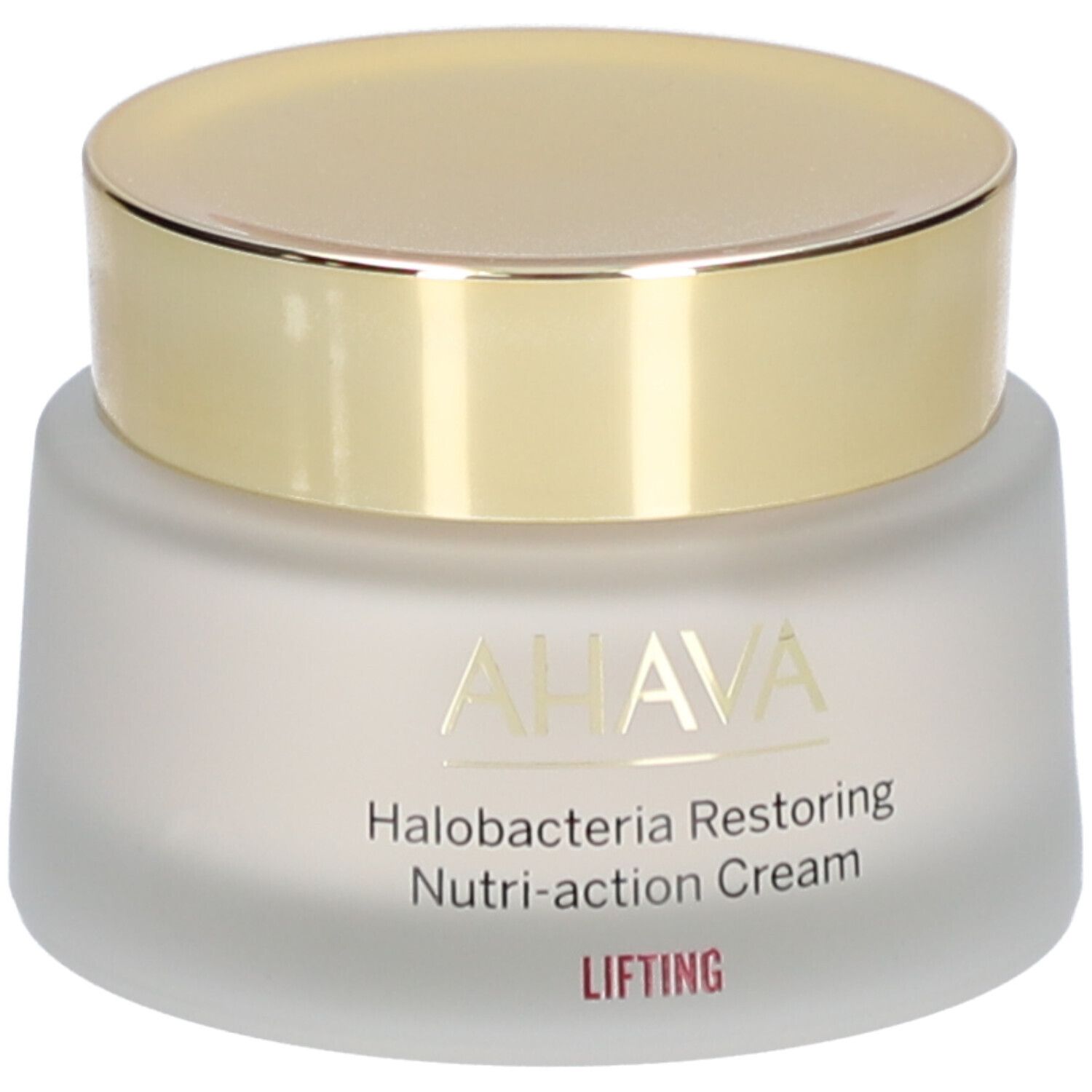 AHAVA crèmepot met gouden deksel. Opschrift: Halobacteria Restoring Nutri-action Cream, LIFTING.