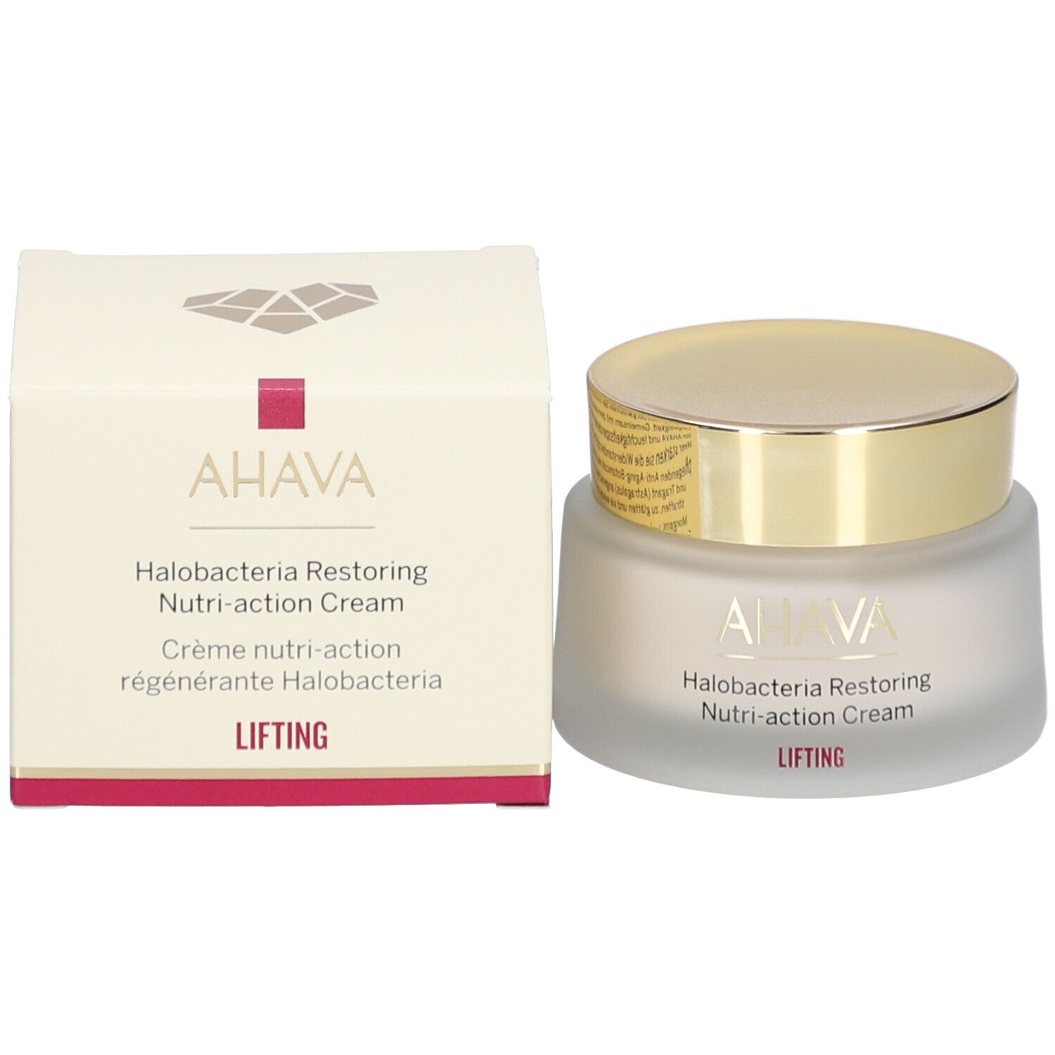 AHAVA crèmepot en doos. Opschrift: Halobacteria Restoring Nutri-action Cream, LIFTING. Doos met logo.