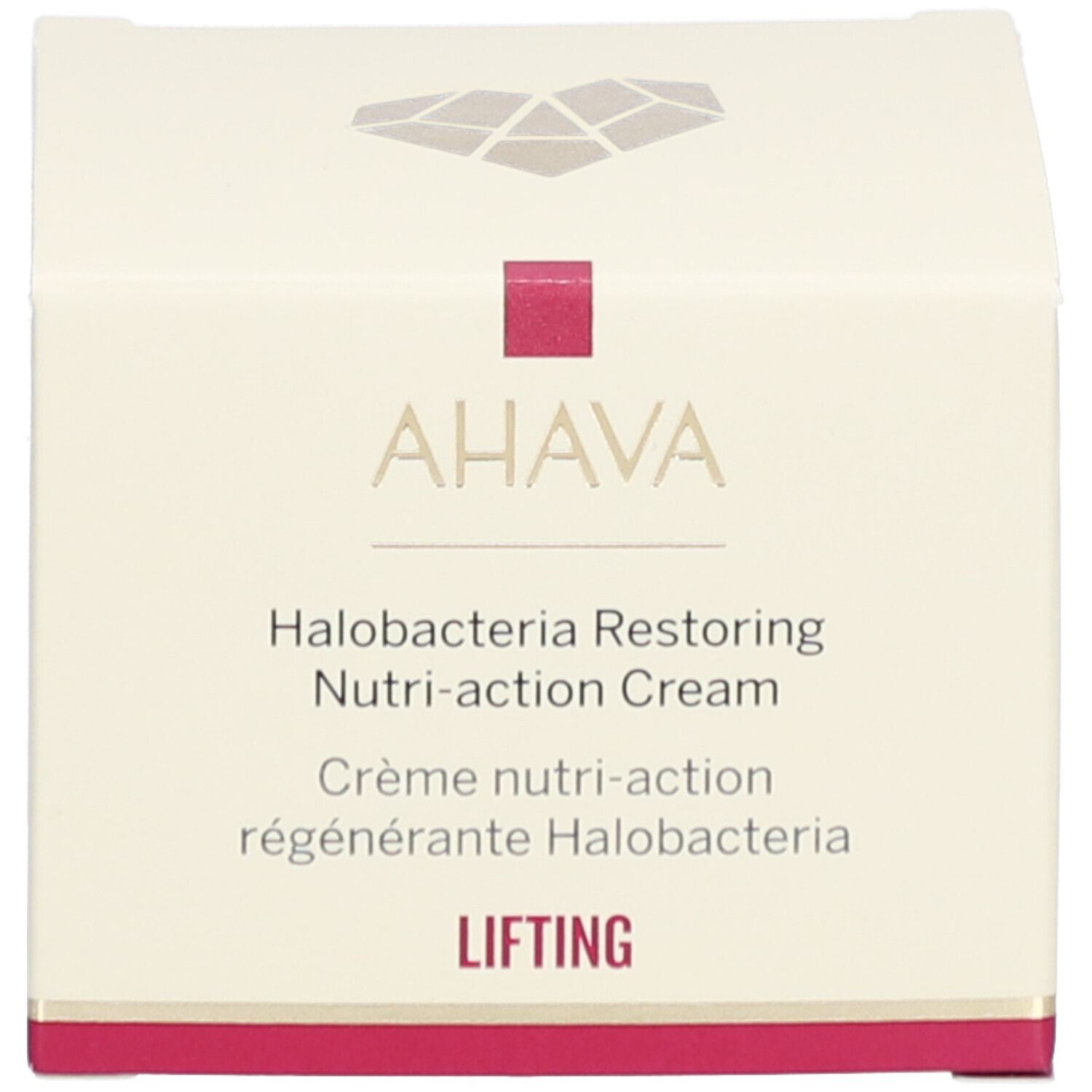 Doos met AHAVA-logo en opschrift: Halobacteria Restoring Nutri-action Cream, LIFTING. Crèmepot.