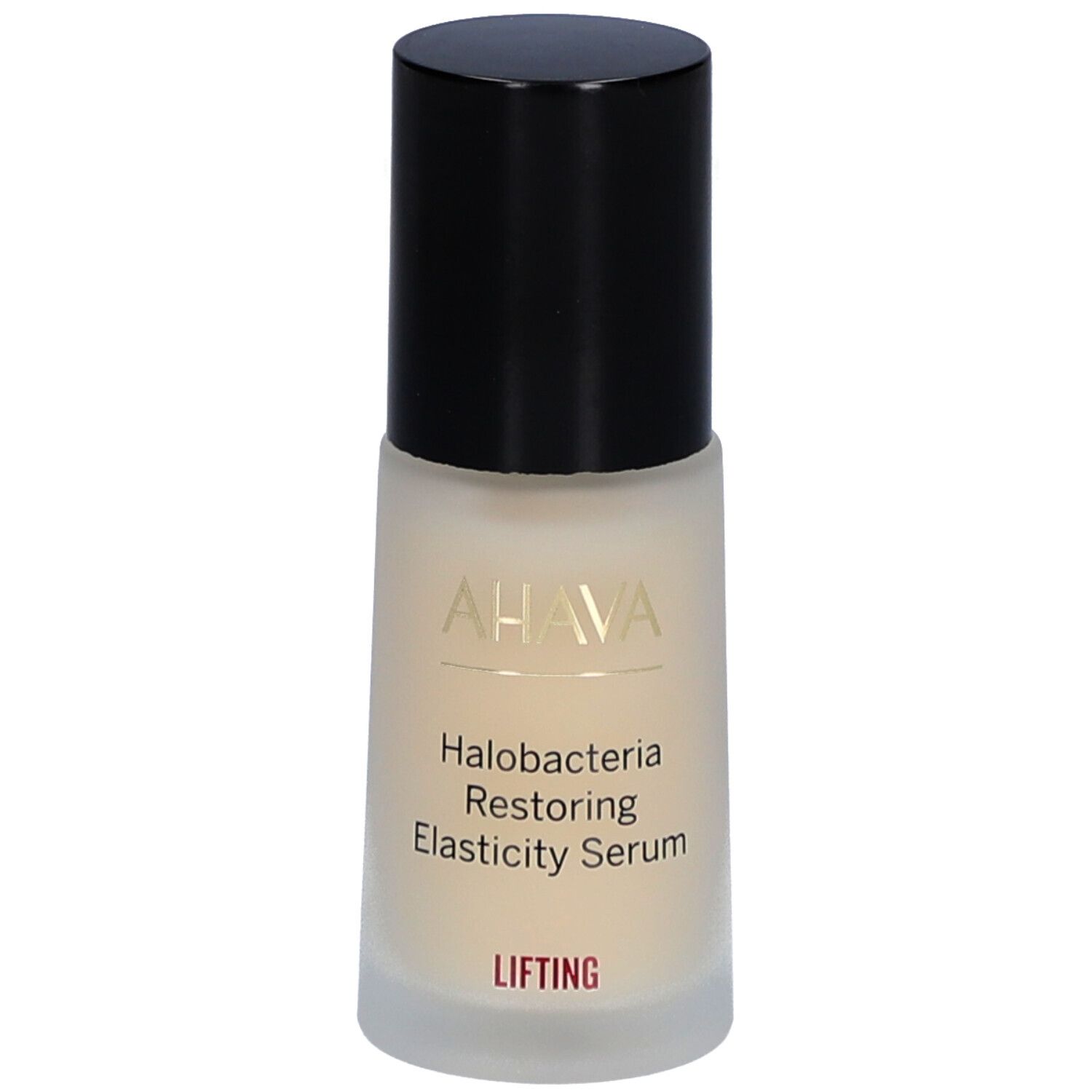 AHAVA serum. Fles met zwarte dop. Opschrift: Halobacteria Restoring Elasticity Serum. "Lifting" op rood veld.
