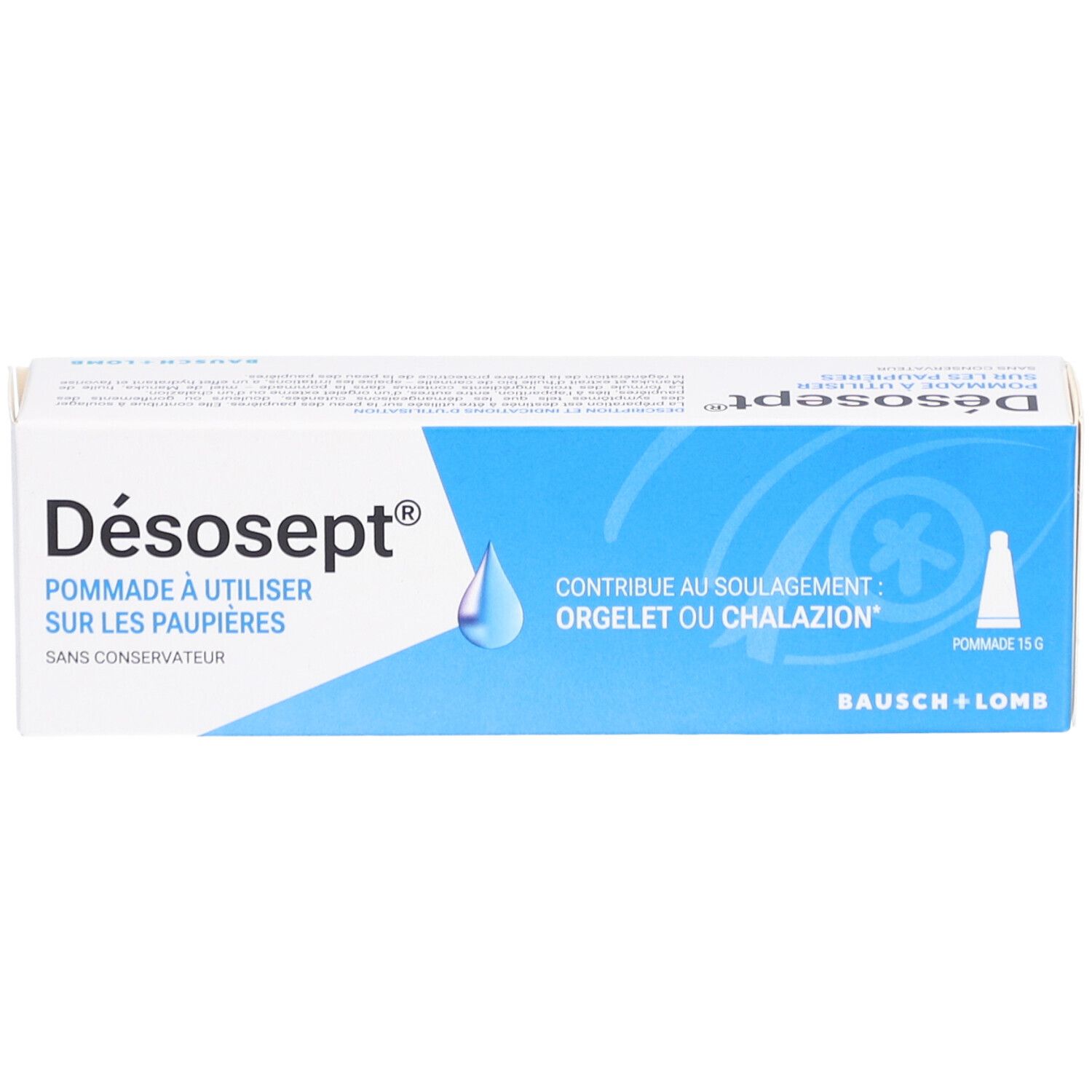 Boîte de Désosept Pommade. Emballage bleu et blanc. Bausch + Lomb. Contient 15g.
