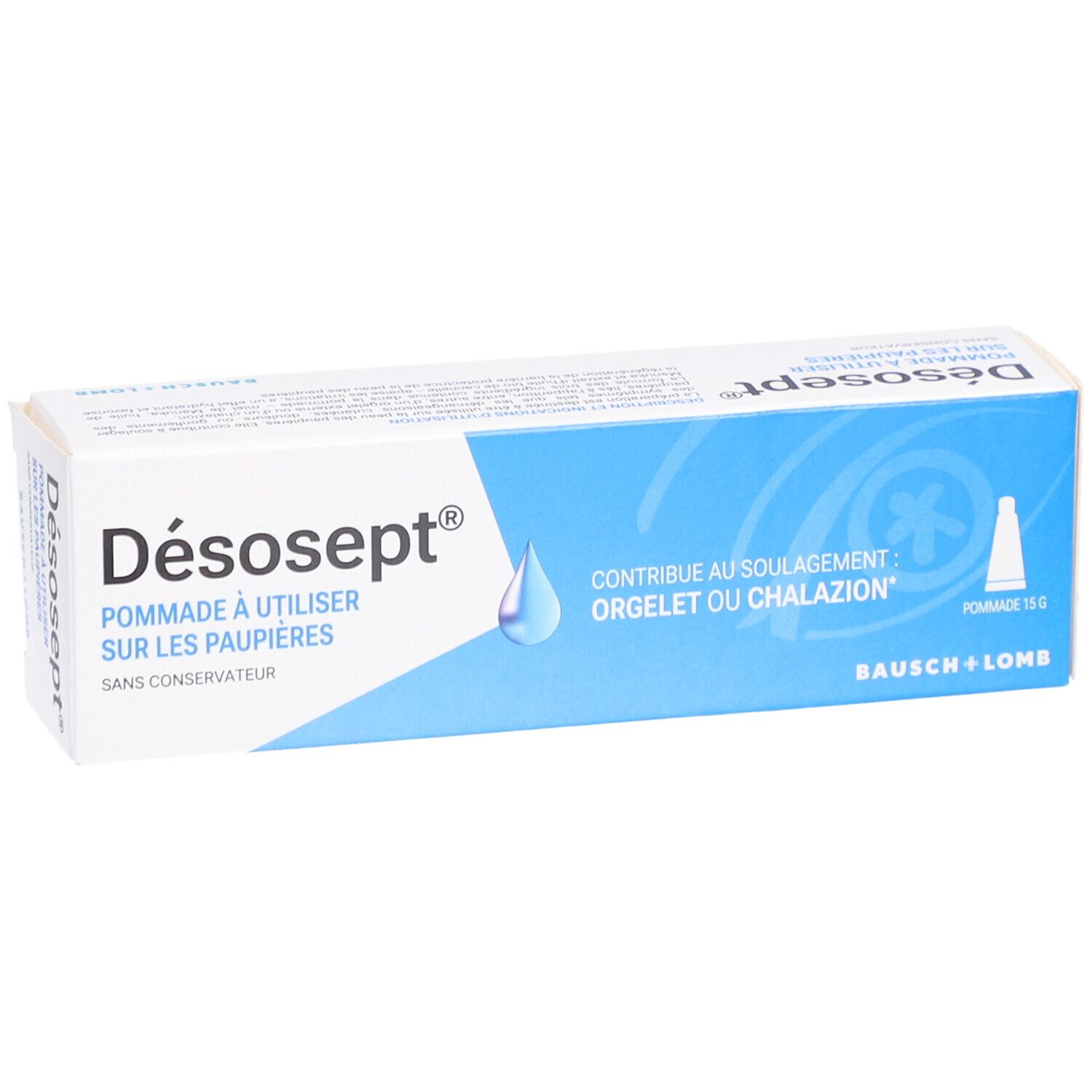 Boîte de Désosept Pommade. Emballage bleu et blanc. Bausch + Lomb. Contient 15g.