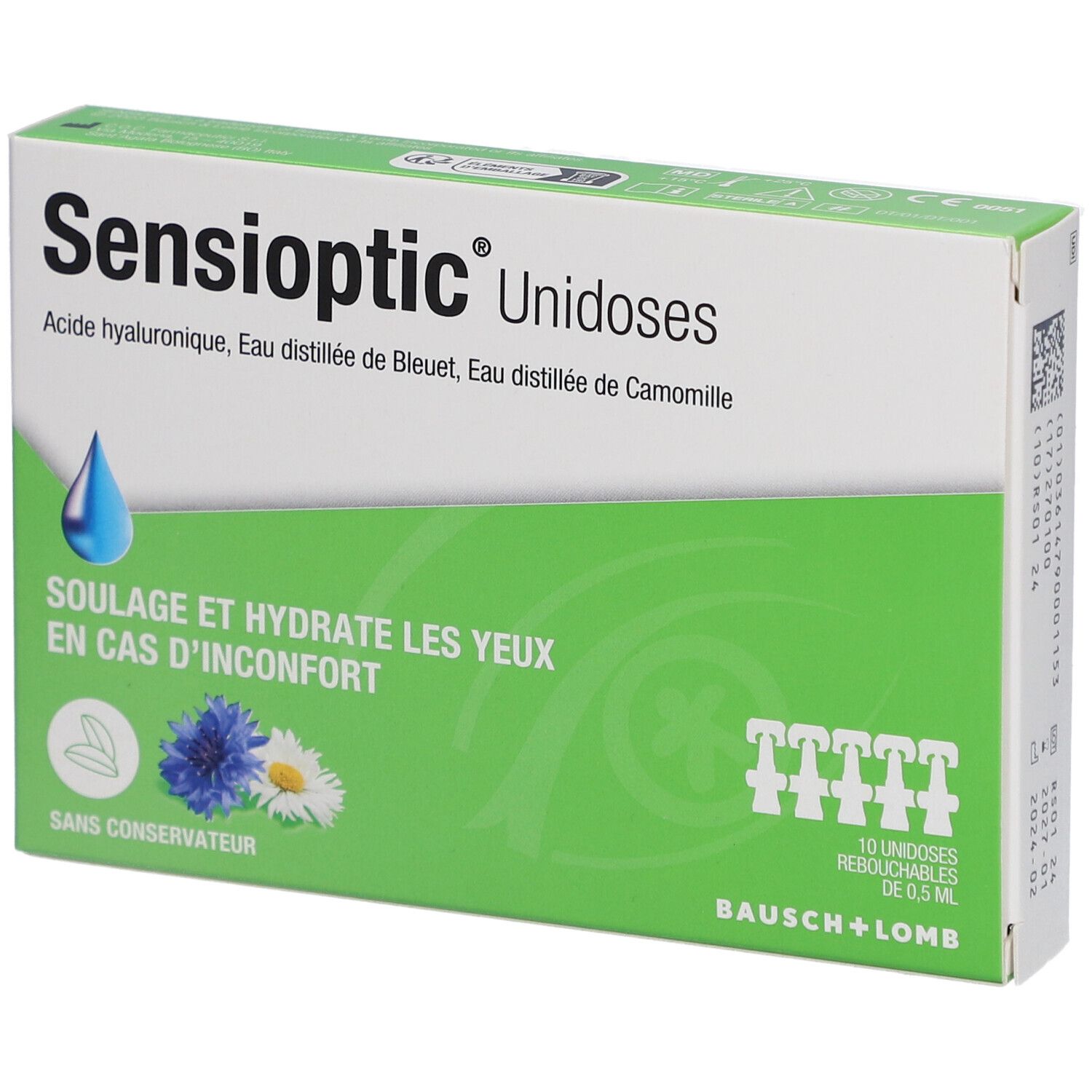 Verpakking van Sensioptic Unidoses. Groen-witte doos met productnaam, ingrediënten en 10 unidoses.