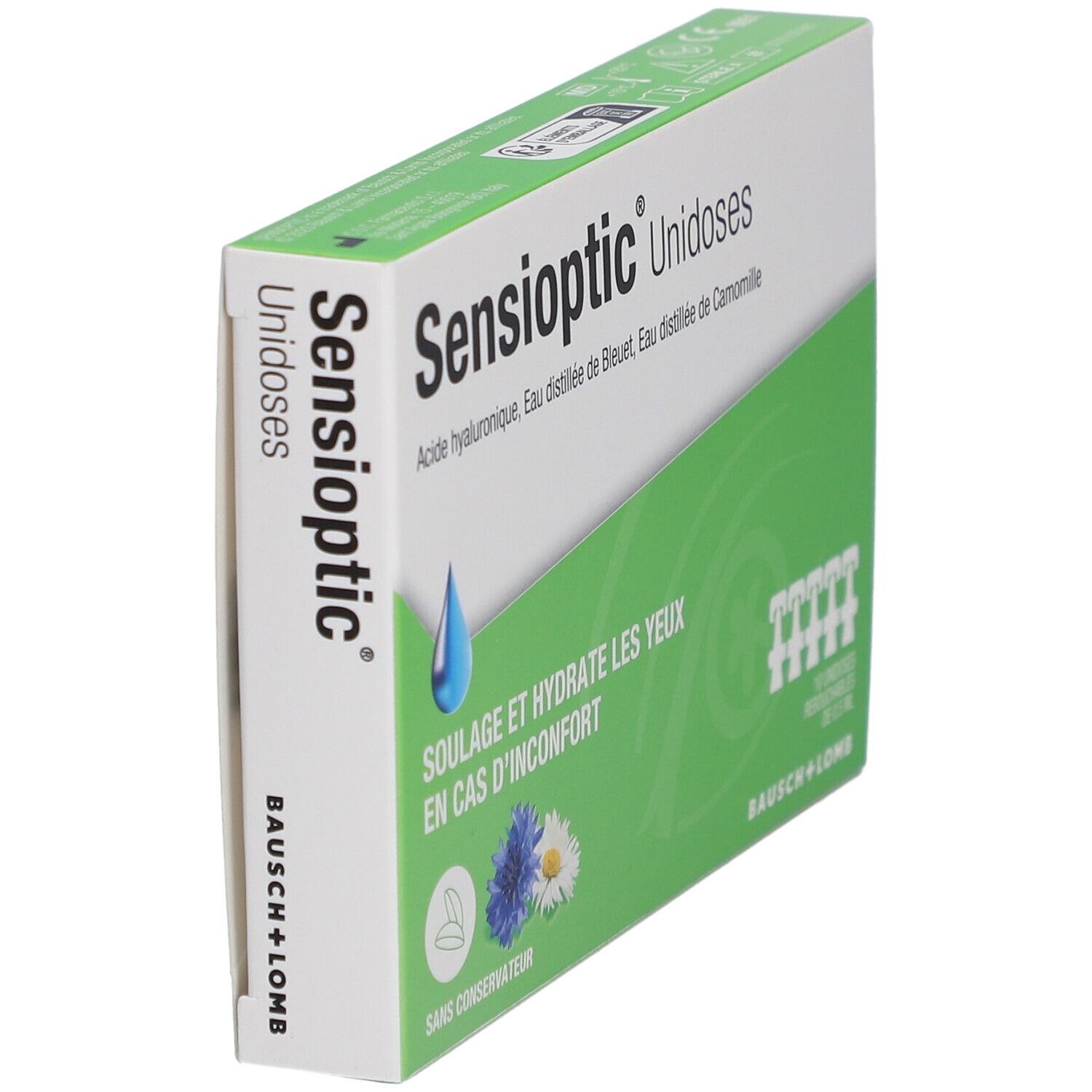 Sensioptic Unidoses verpakking, schuin. Groen-witte doos met productnaam en 10 unidoses.