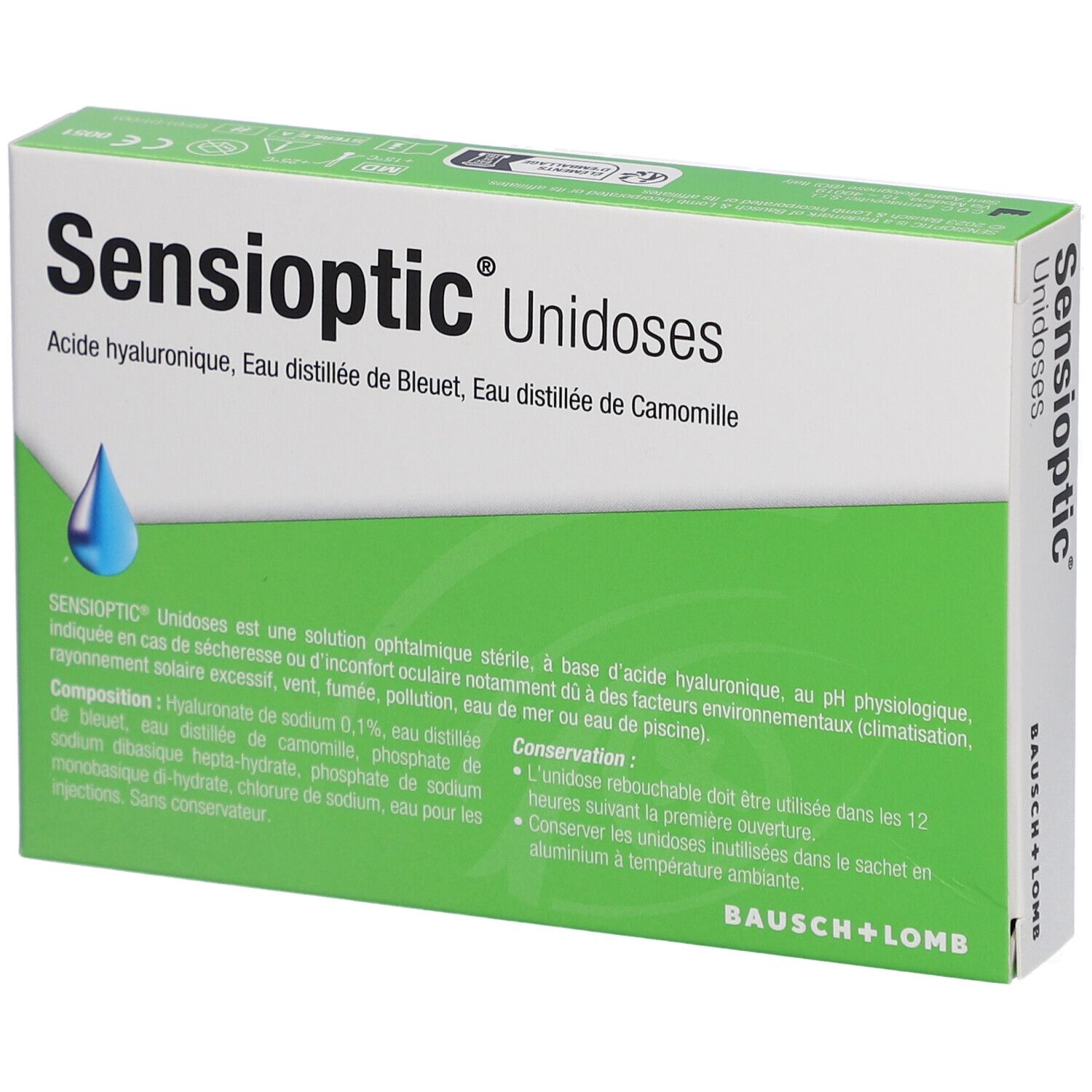 Sensioptic Unidoses verpakking, schuin. Groen-witte doos met productinfo en 10 unidoses.