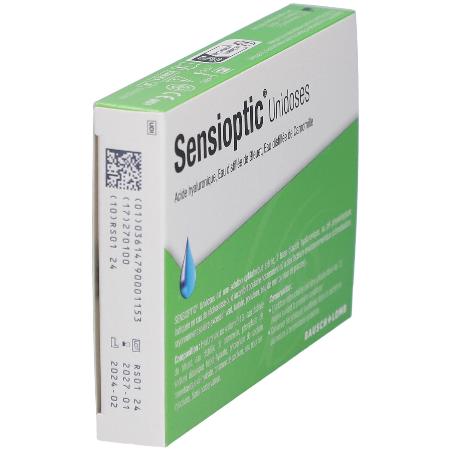 Sensioptic Unidoses verpakking, schuin. Groen-witte doos met productinfo en batchnummer.