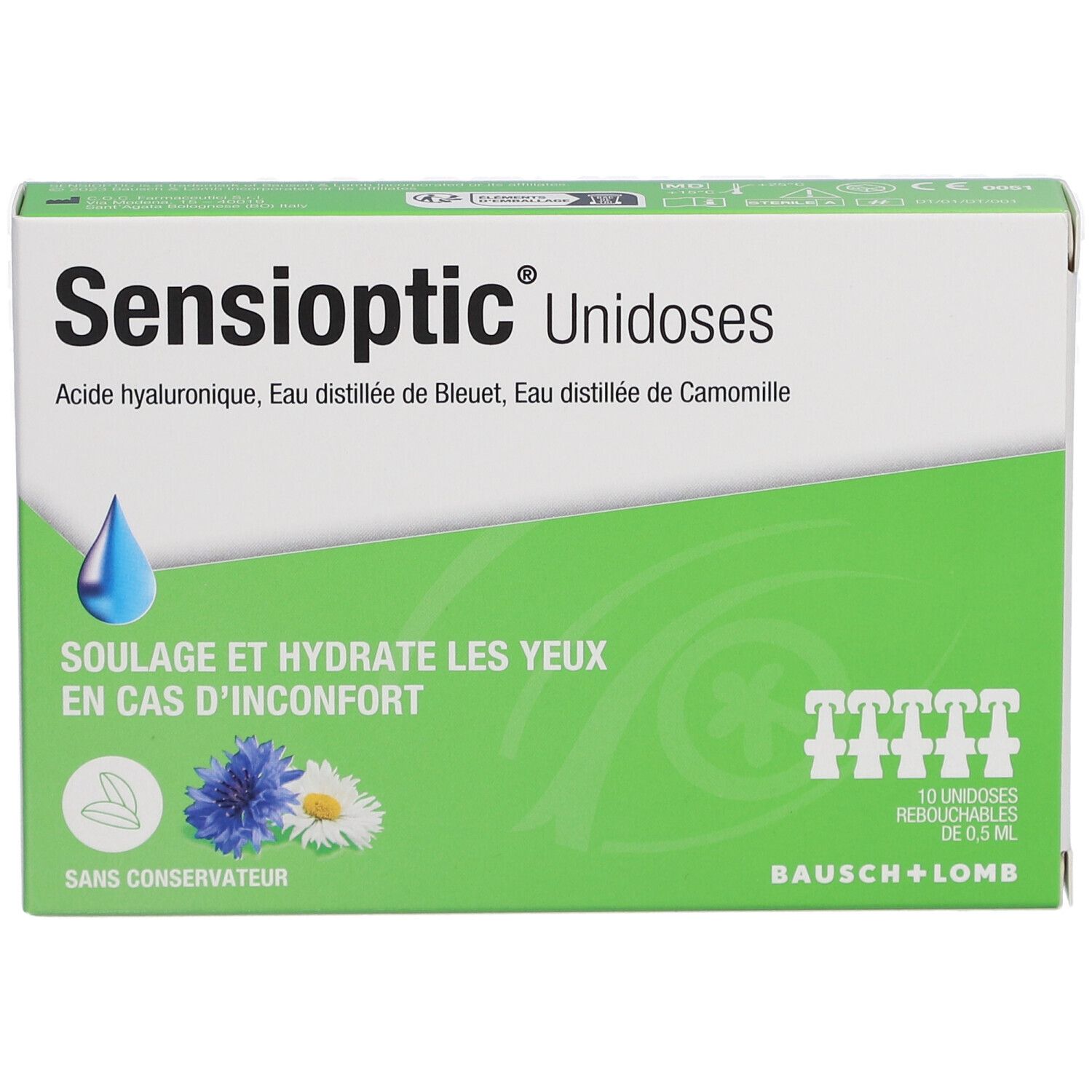 Verpakking van Sensioptic Unidoses. Groen-witte doos met productnaam, ingrediënten en 10 unidoses.