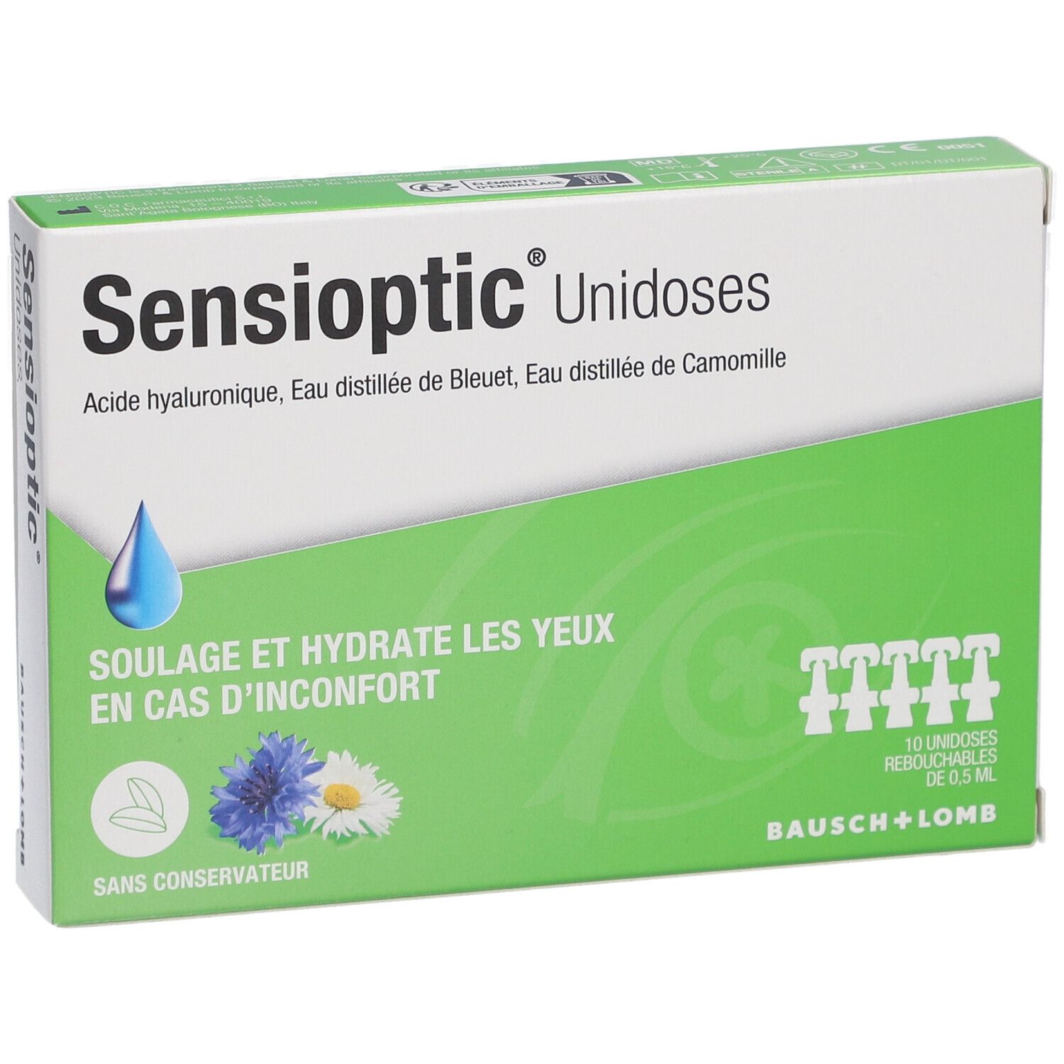 Verpakking van Sensioptic Unidoses. Groen-witte doos met productnaam, ingrediënten en 10 unidoses.