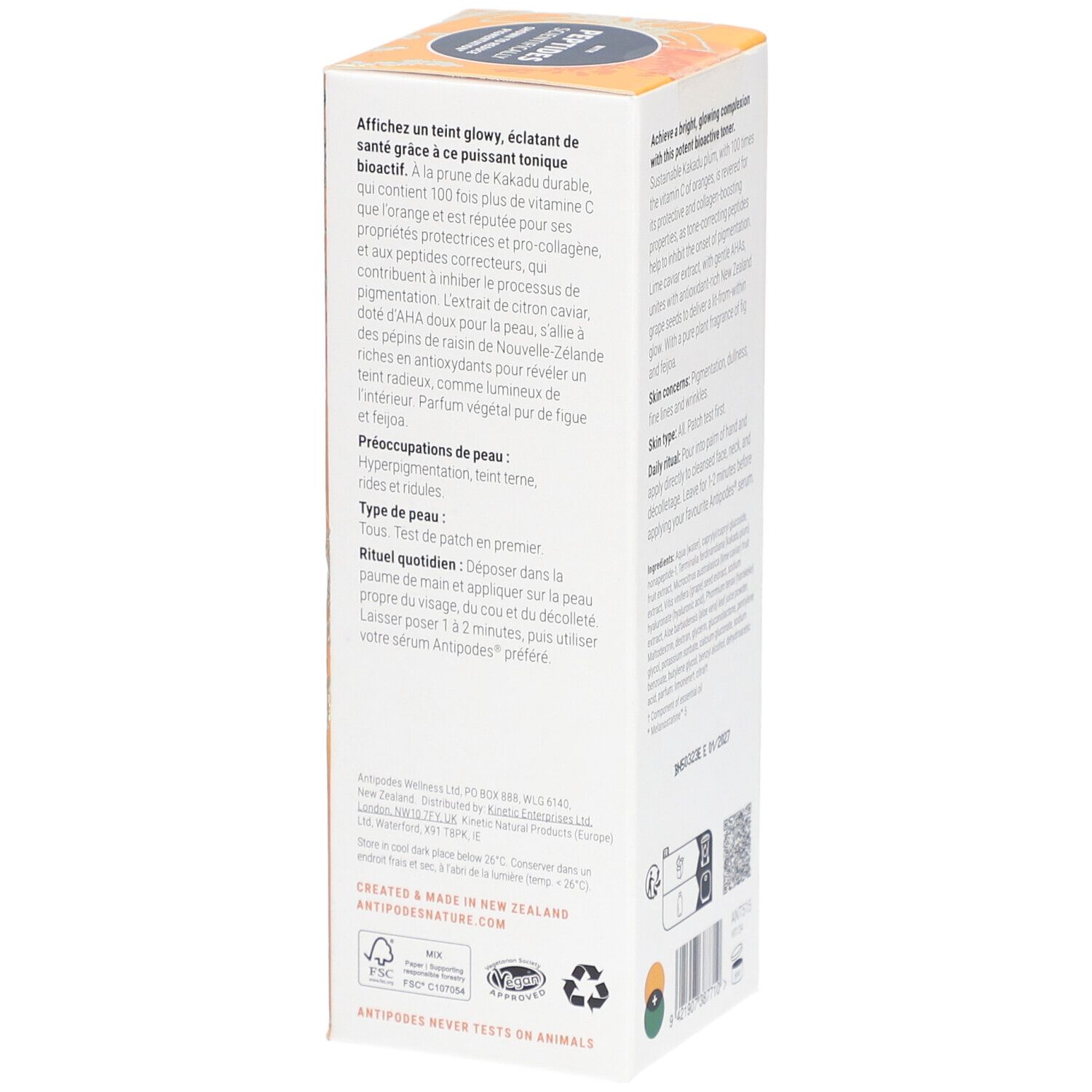 Verpakking met productinformatie en ingrediënten. Bevat tekst over voordelen en gebruik. Gele achtergrond.